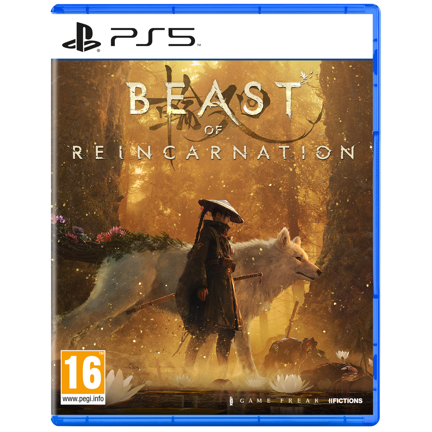 Un homme au chapeau et un loup blanc dans une forêt brumeuse. Jeu PS5.