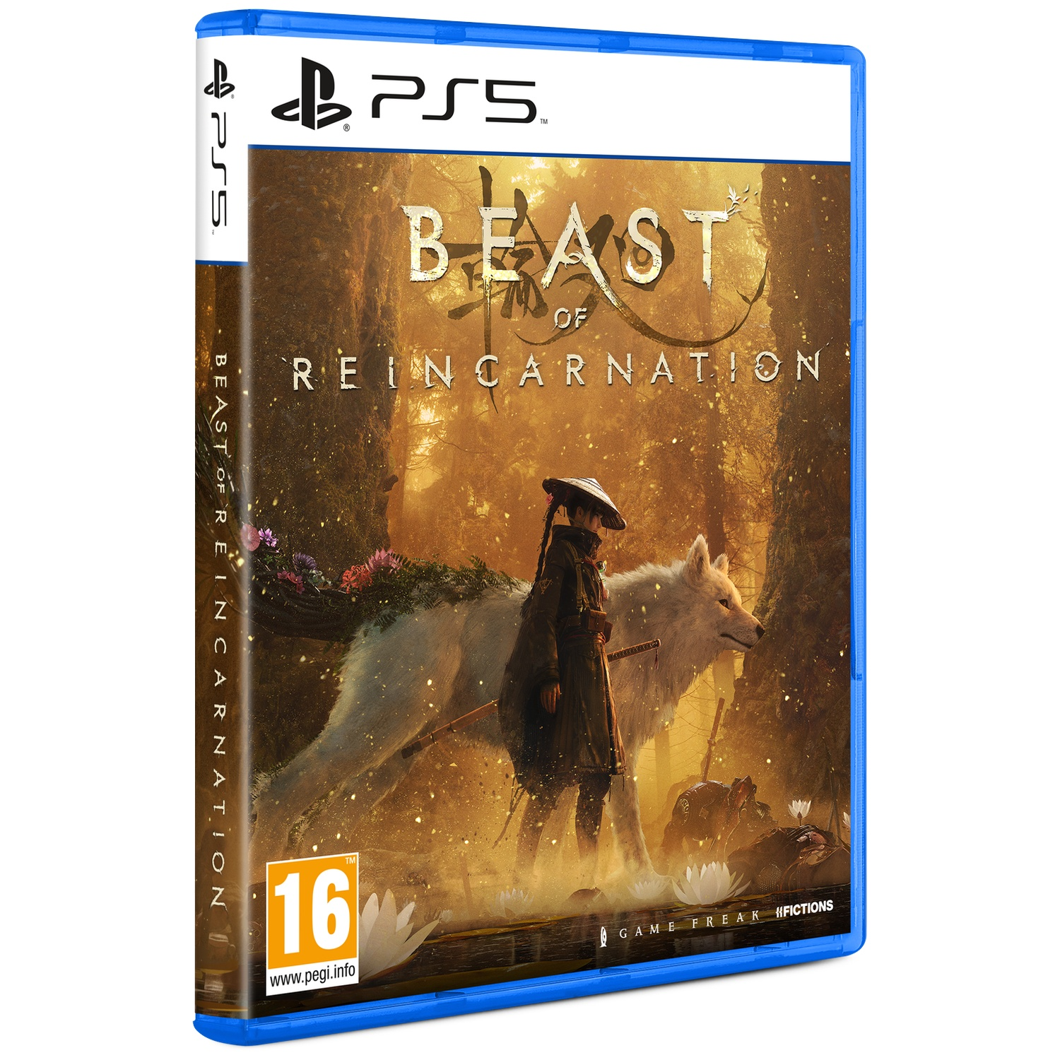 Boîtier de jeu PS5 : Beast of Reincarnation. Personne et loup dans une forêt.
