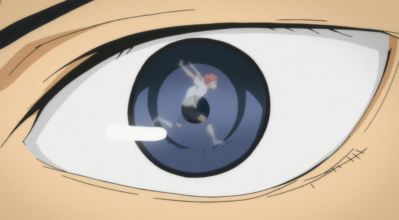 Ein Anime-Charakter mit orangenem Haar rennt im Auge eines anderen Charakters.