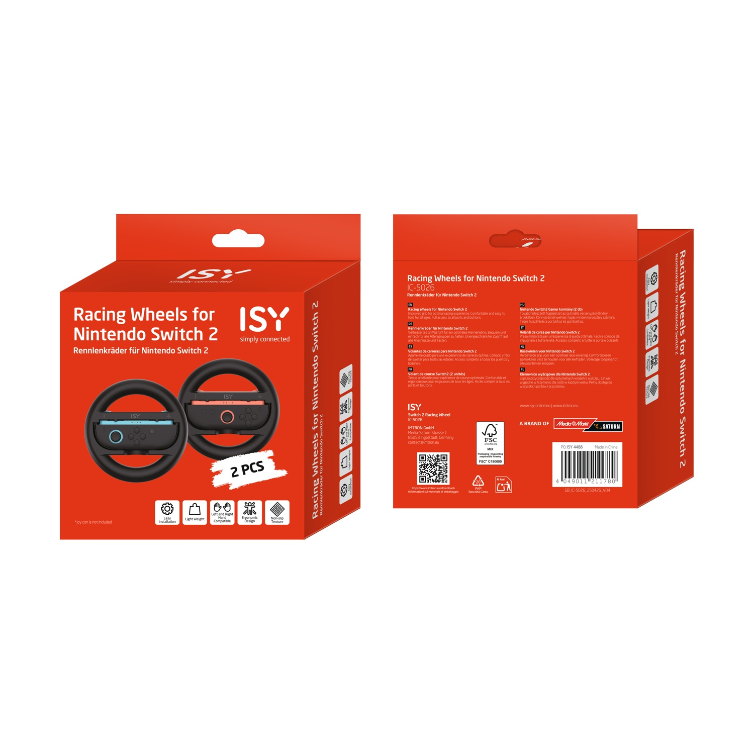 Confezione per volanti da corsa ISY per Nintendo Switch 2, con illustrazione del prodotto.