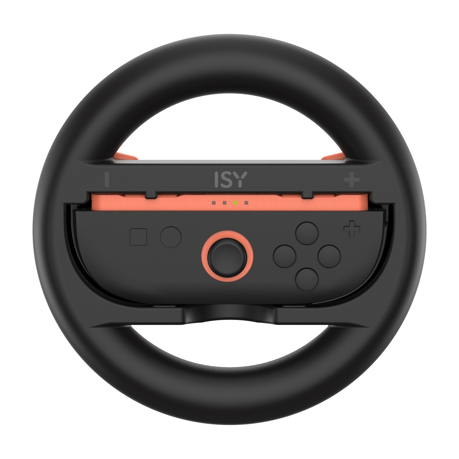 Accessorio volante da gioco nero con supporto Joy-Con arancione e controlli.
