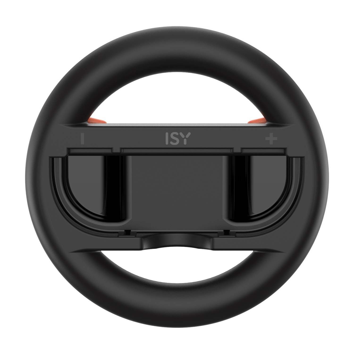 Controller da gioco nero a forma di volante con accenti arancioni e logo ISY.