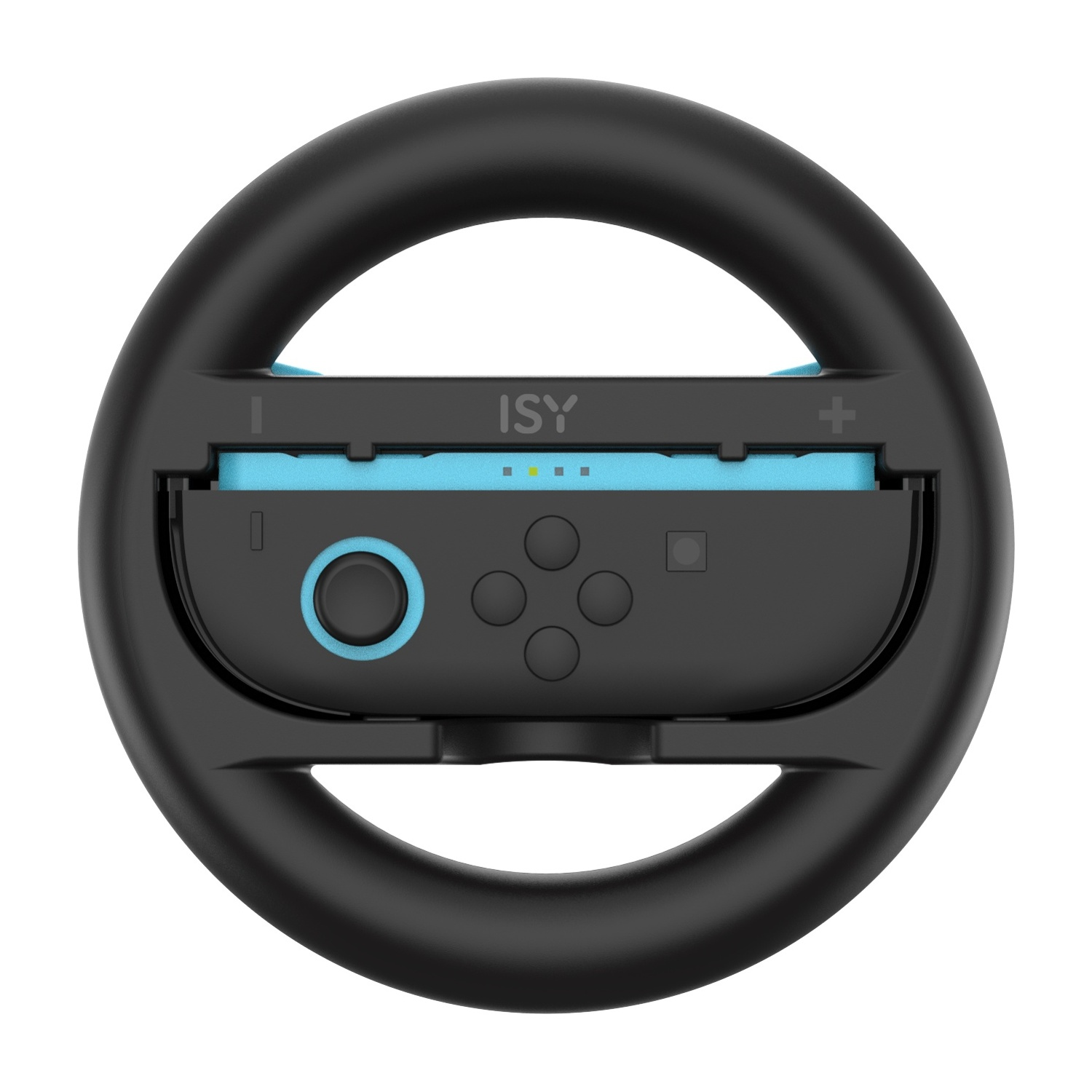 Accessorio volante nero con inserto blu e controlli.