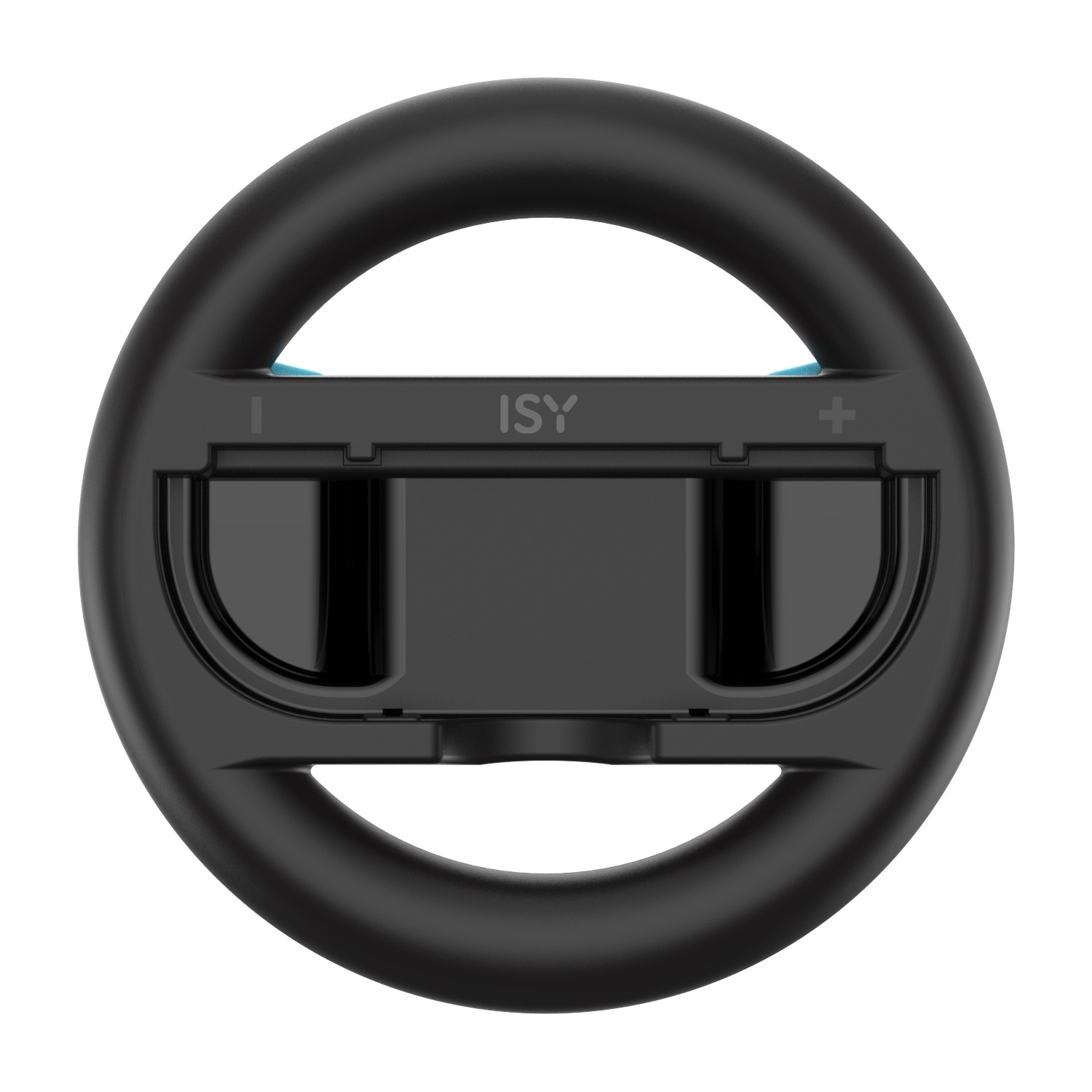 Controller volante da gioco nero marca ISY con accenti blu.