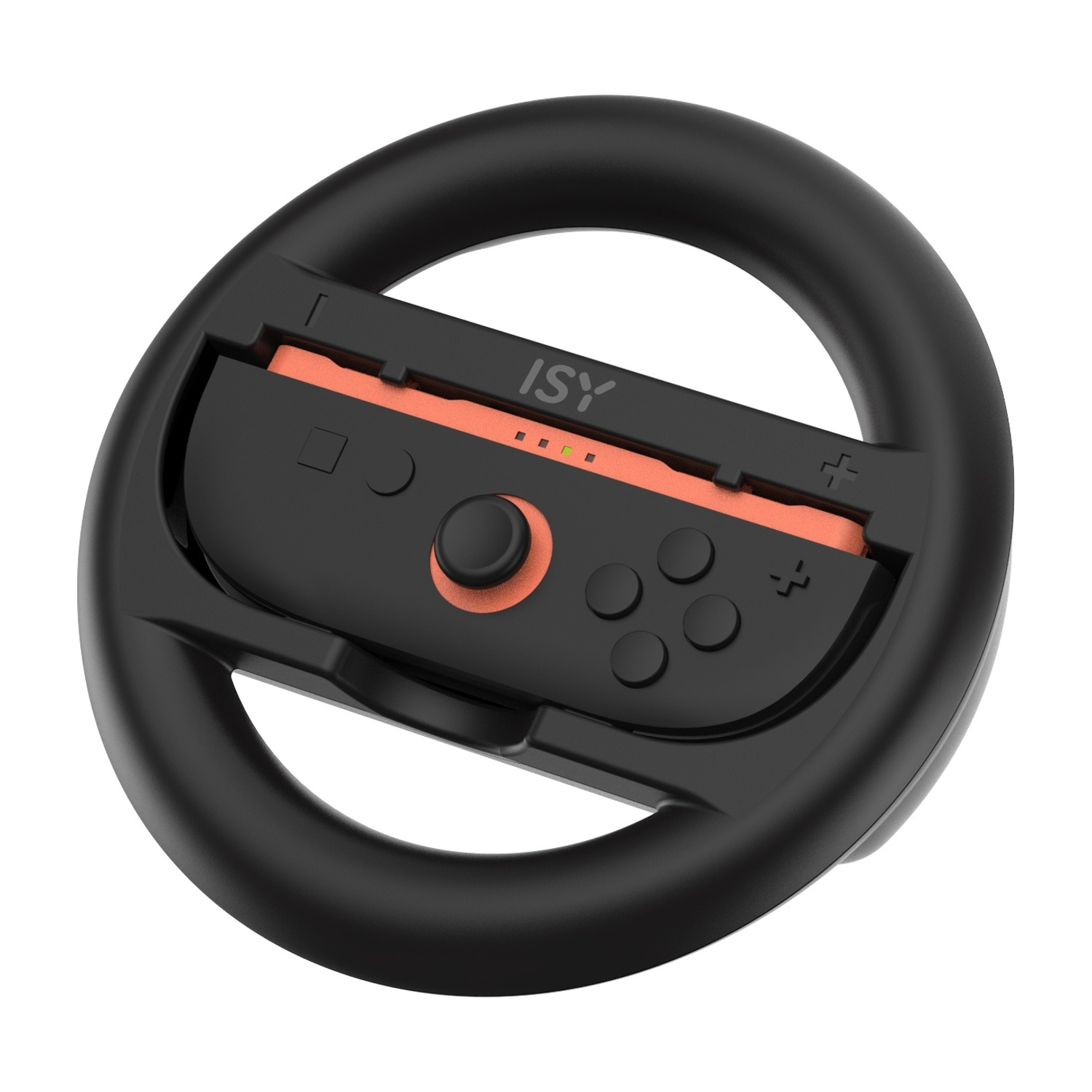 Volante nero con inserto e pulsanti Joy-Con arancioni.