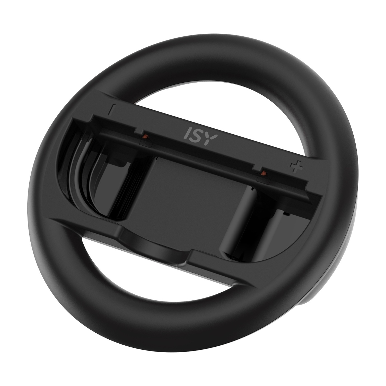 Accessorio volante nero per console di gioco con supporti per controller.