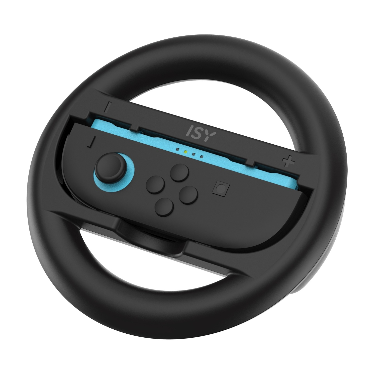 Un volante nero per controller di videogiochi con accenti blu.