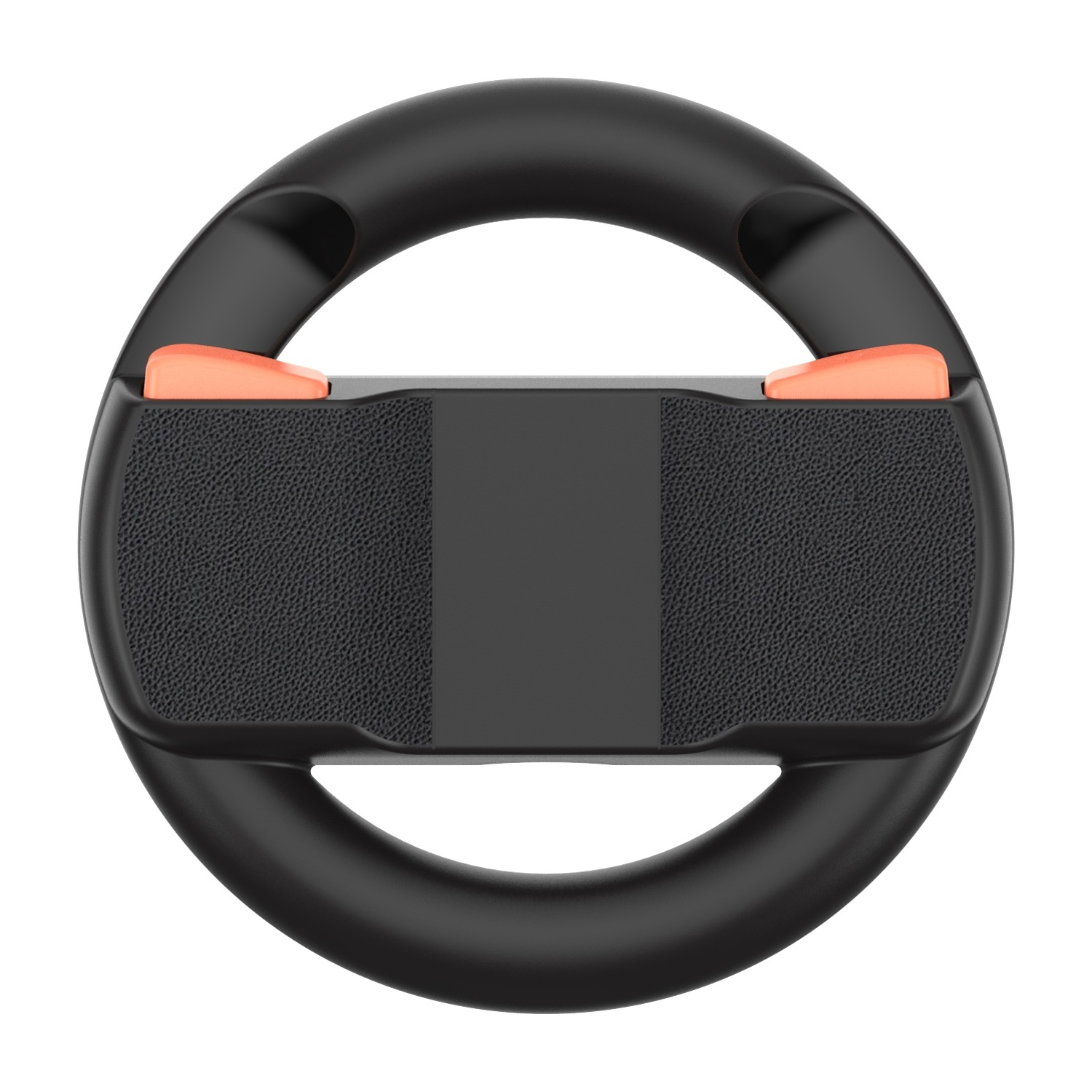 Volante nero con pulsanti arancioni e area di presa nera.