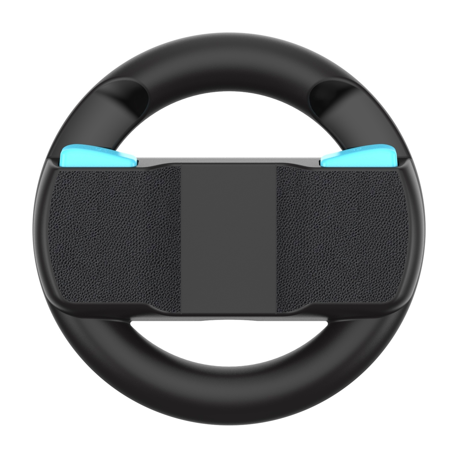Volante nero con pulsanti e impugnature blu su sfondo bianco.