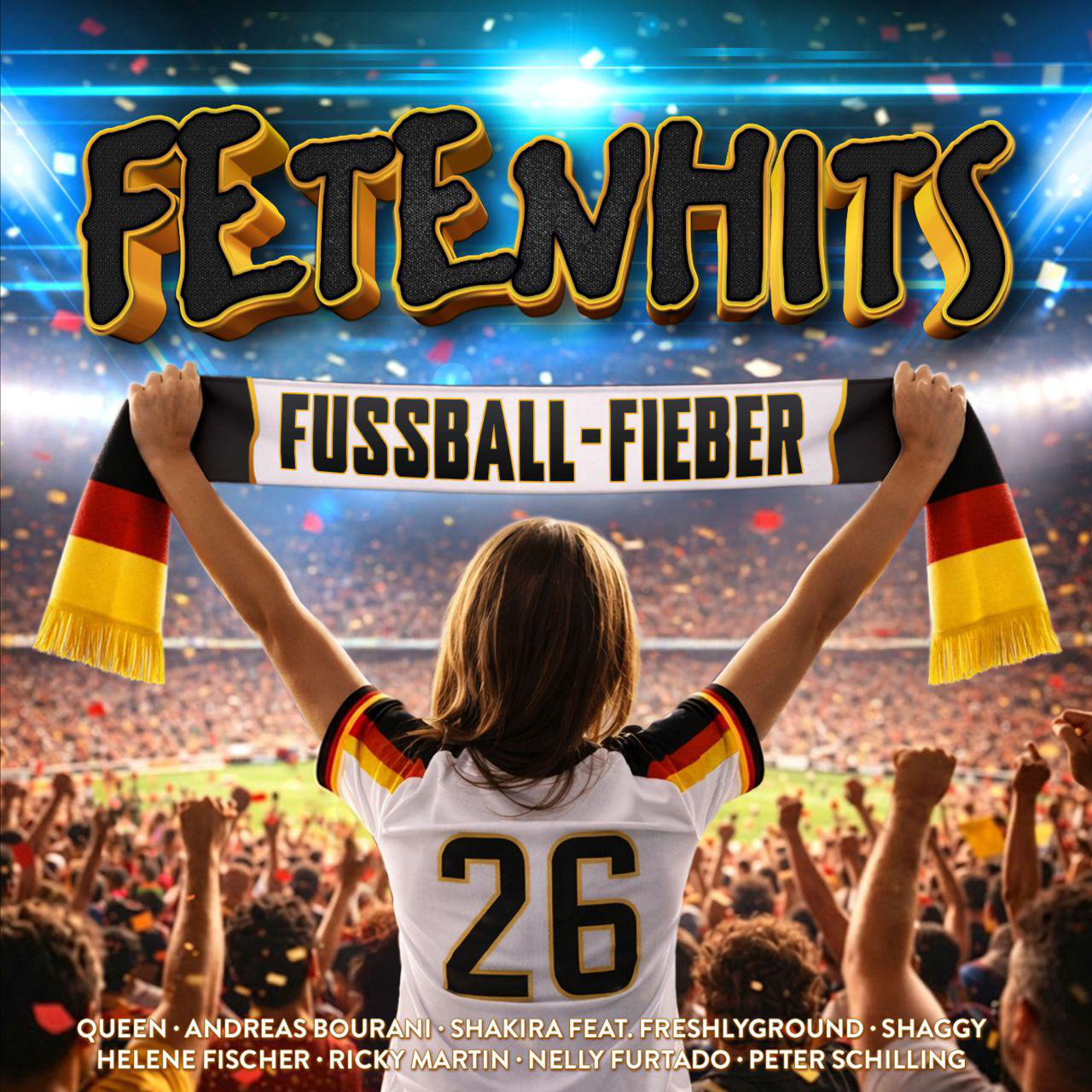 Fans in einem Stadion jubeln, eine Person hält ein Deutschland-Schal.