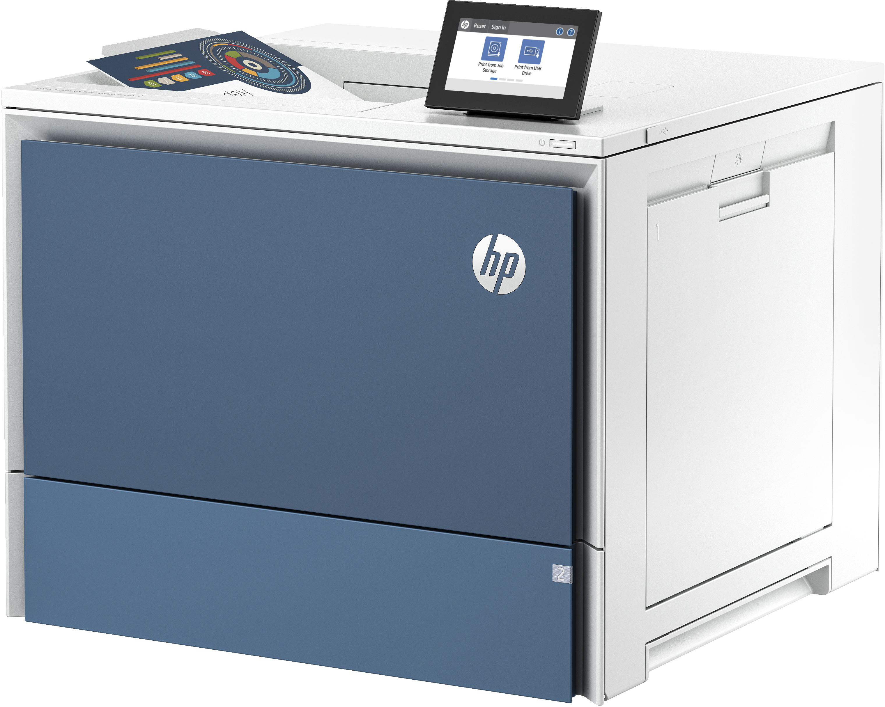 Ein blauer HP Drucker mit Touchscreen und einem Diagramm.