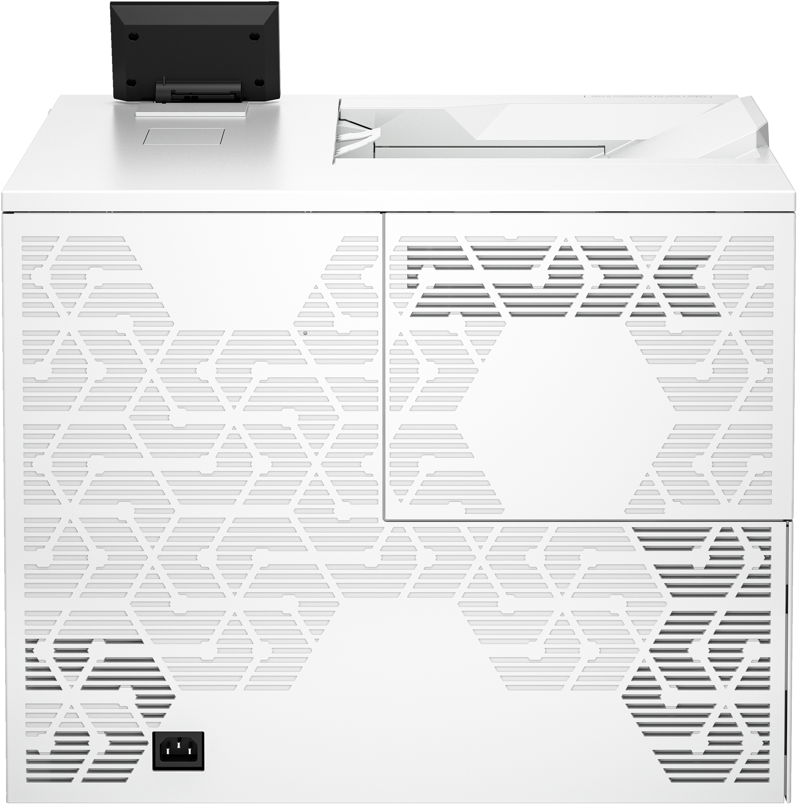 Ein weißer Drucker mit einem schwarzen Bildschirm und geometrischen Mustern.