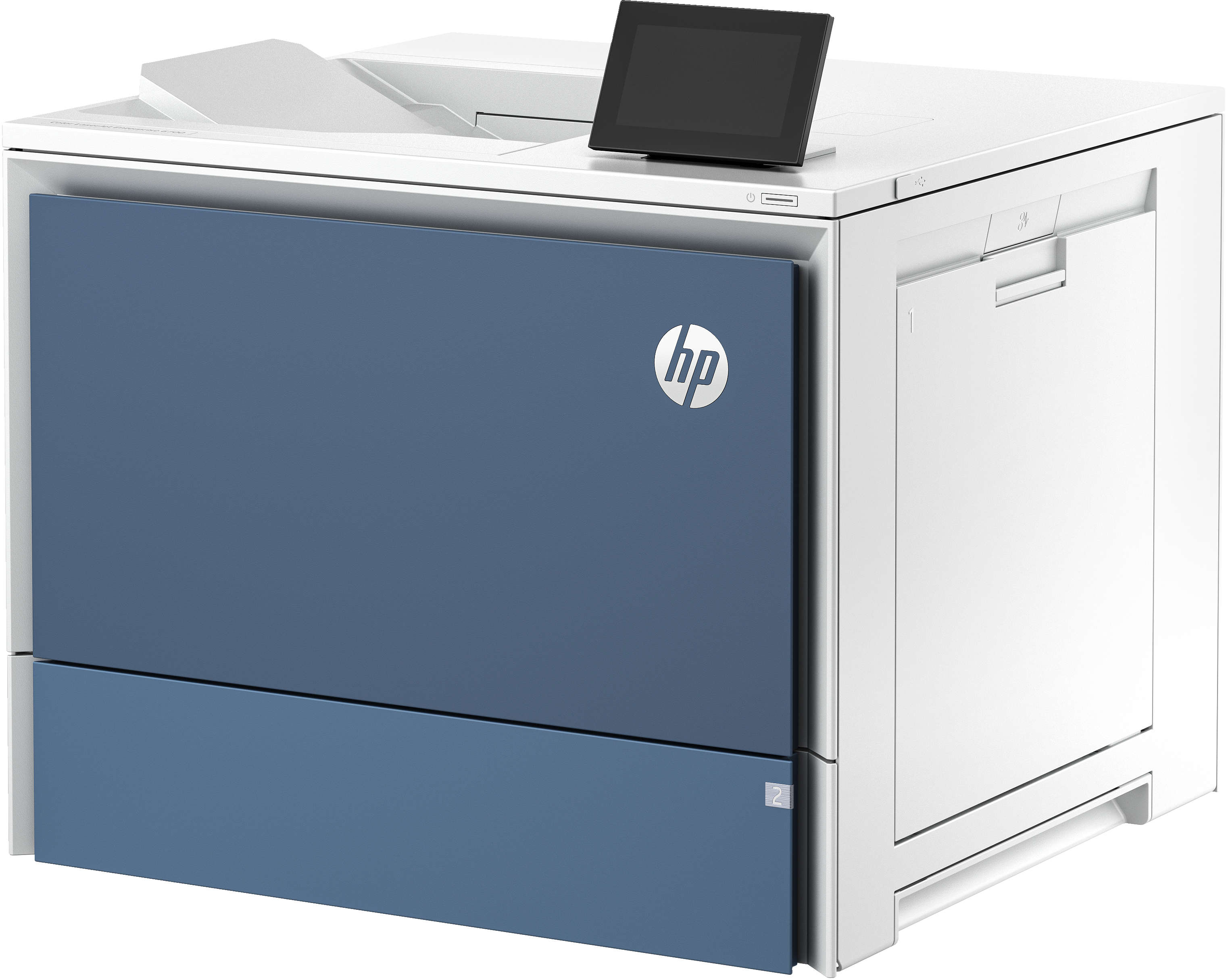 Ein weißer und blauer HP Drucker mit Touchscreen.