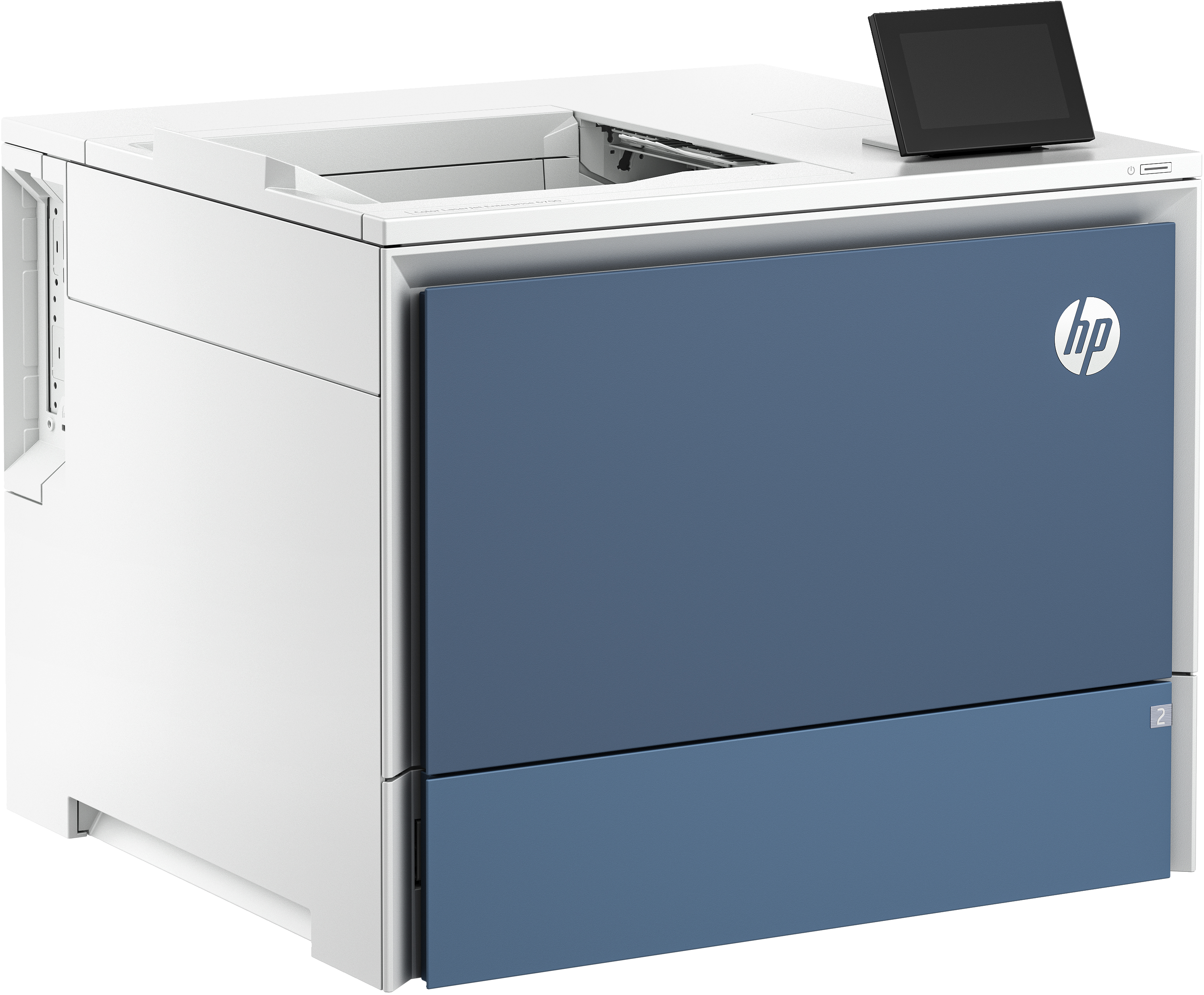 Ein weißer und blauer HP Drucker mit einem Touchscreen auf der Oberseite.