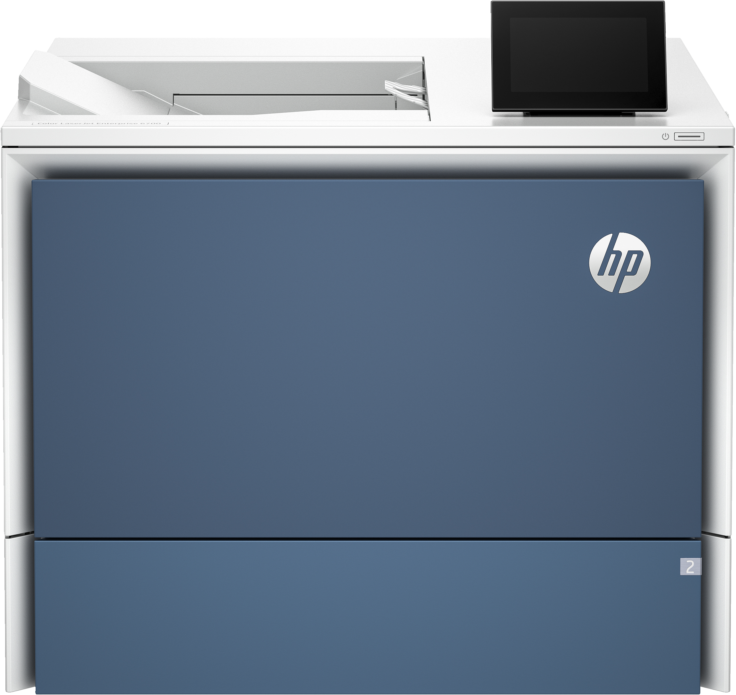 Ein blauer HP Drucker mit Touchscreen und HP Logo.