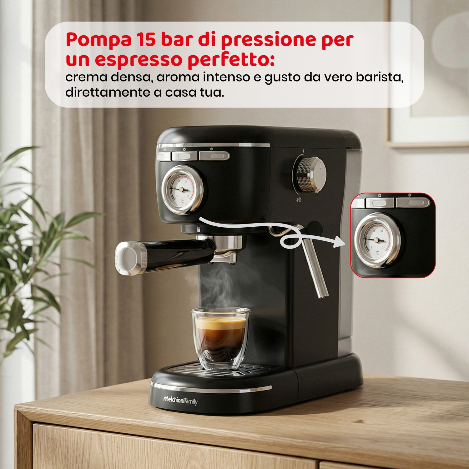 Macchina espresso nera con bicchiere e caffè, con manometro.
