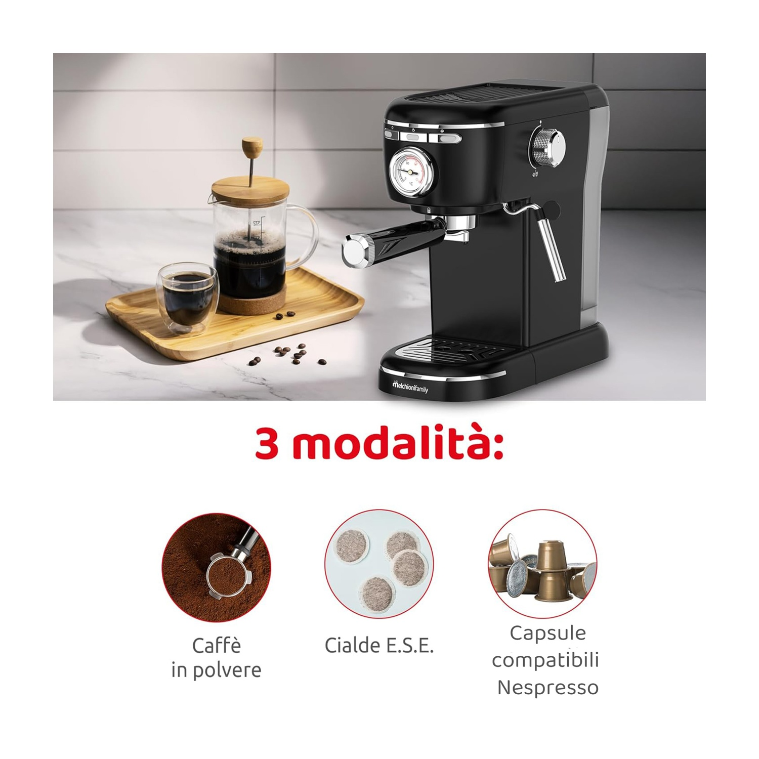 Macchina per espresso nera con caffettiera francese e chicchi di caffè.