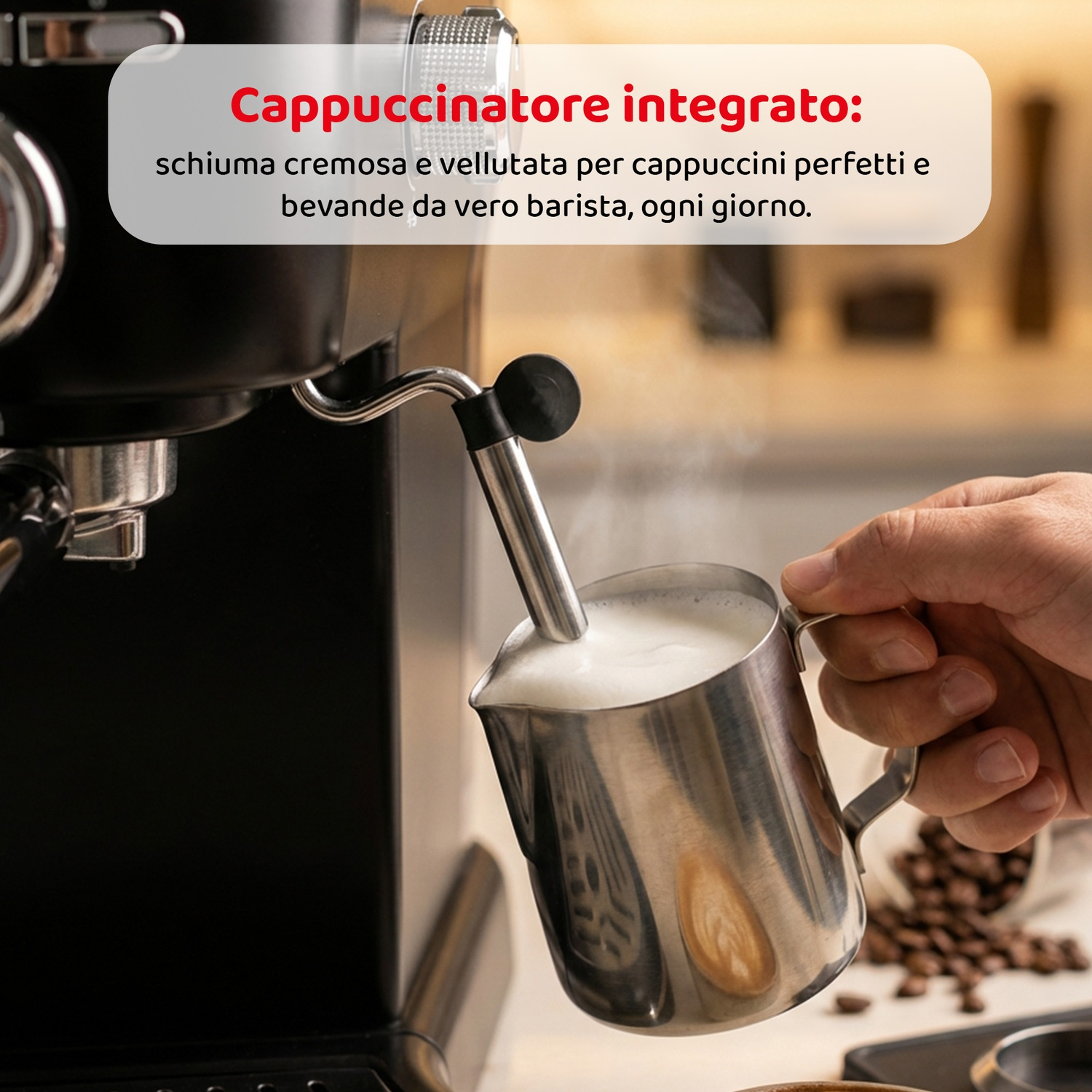 Una mano tiene una lattiera sotto una macchina per espresso, che monta il latte.