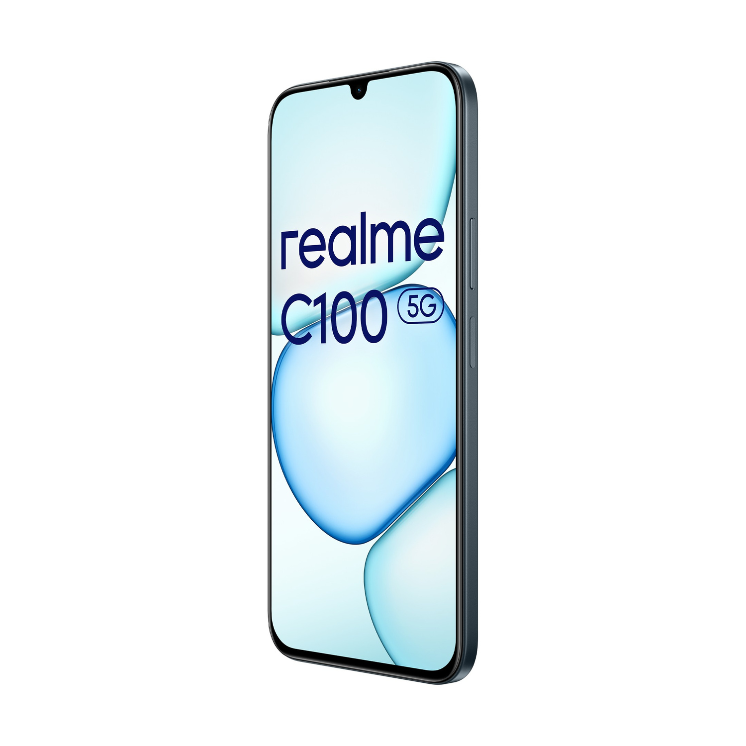 Smartphone Realme C100 5G blu scuro con notch a goccia e sfondo blu.