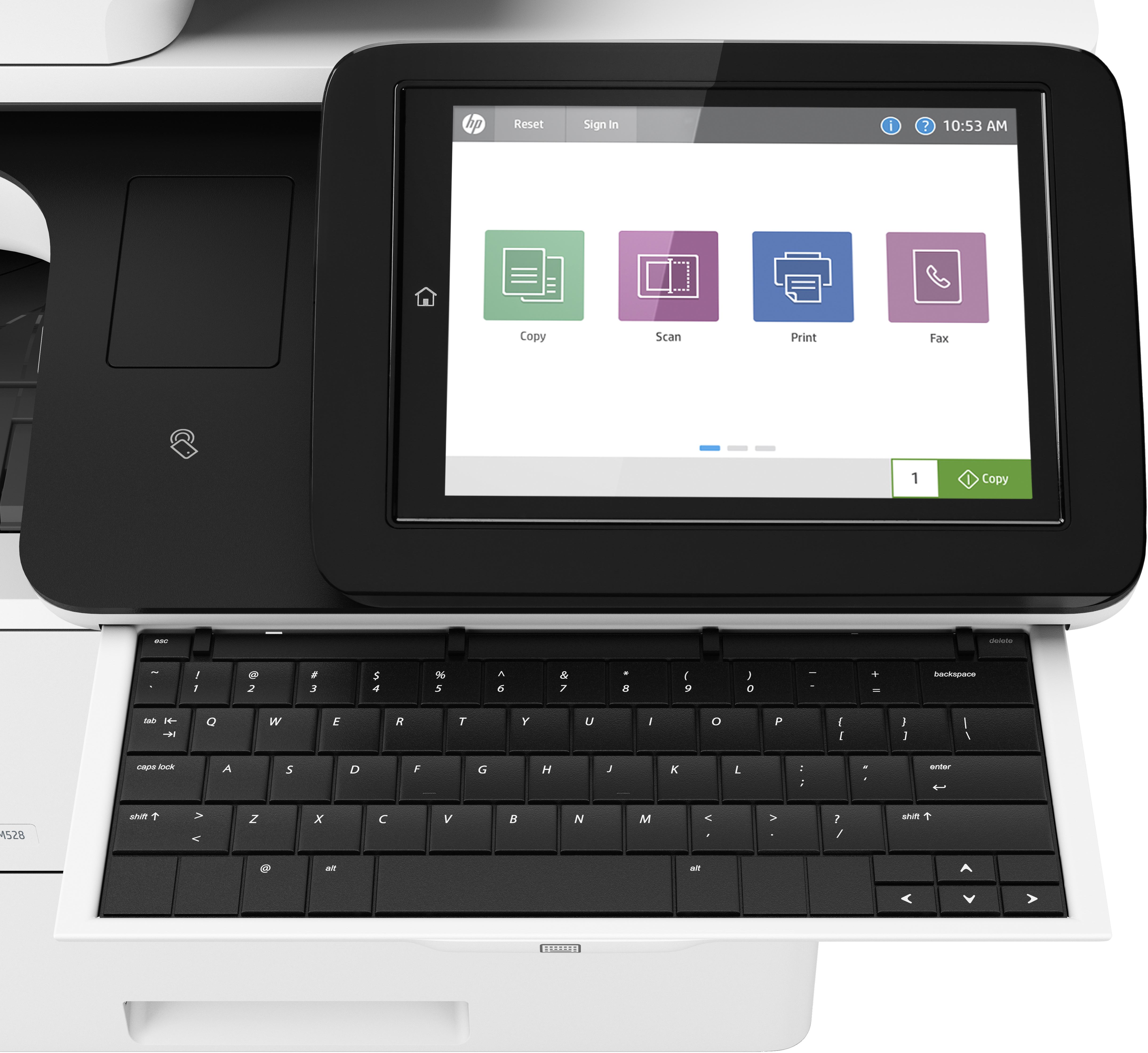 Ein Multifunktionsdrucker mit Touchscreen und Tastatur. Optionen: Kopieren, Scannen, Drucken, Fax.