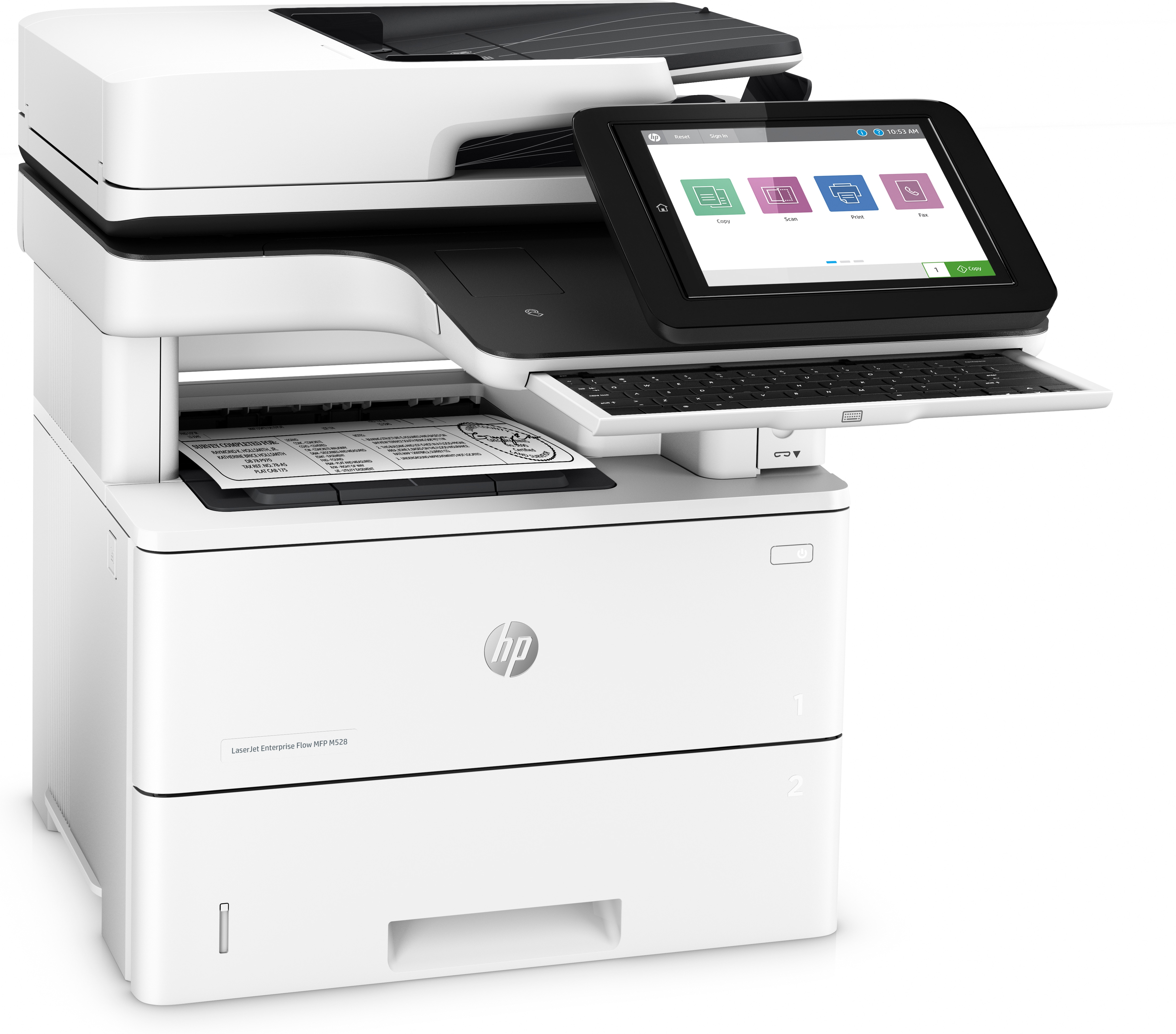 Weißer HP LaserJet Enterprise Flow MFP M528 Drucker mit Touchscreen-Display, das Kopier-, Scan-, Druck- und Faxoptionen anzeigt.