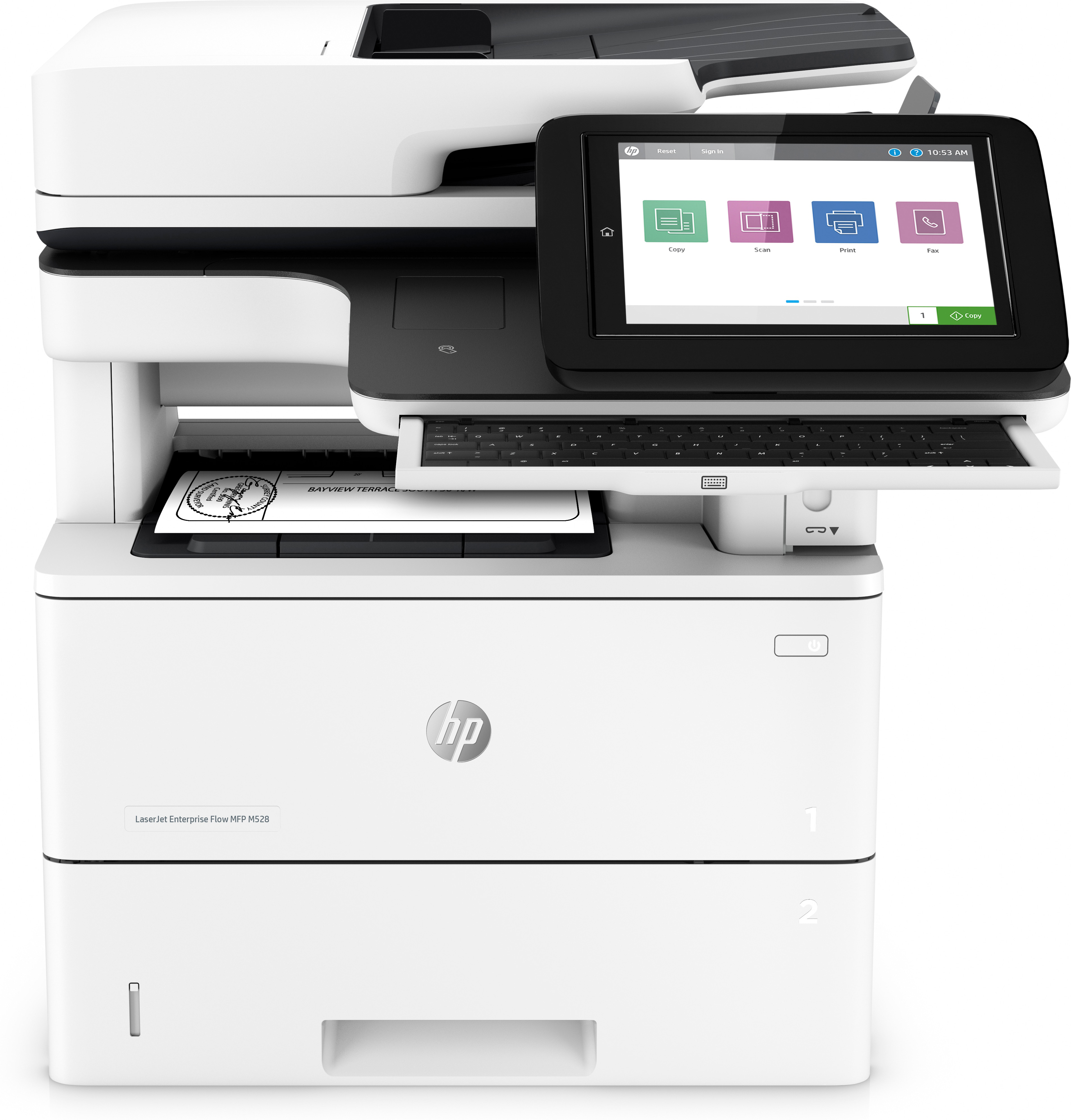 Ein weißer HP LaserJet Enterprise Flow MFP M528 Drucker mit Touchscreen und ausziehbarer Tastatur.