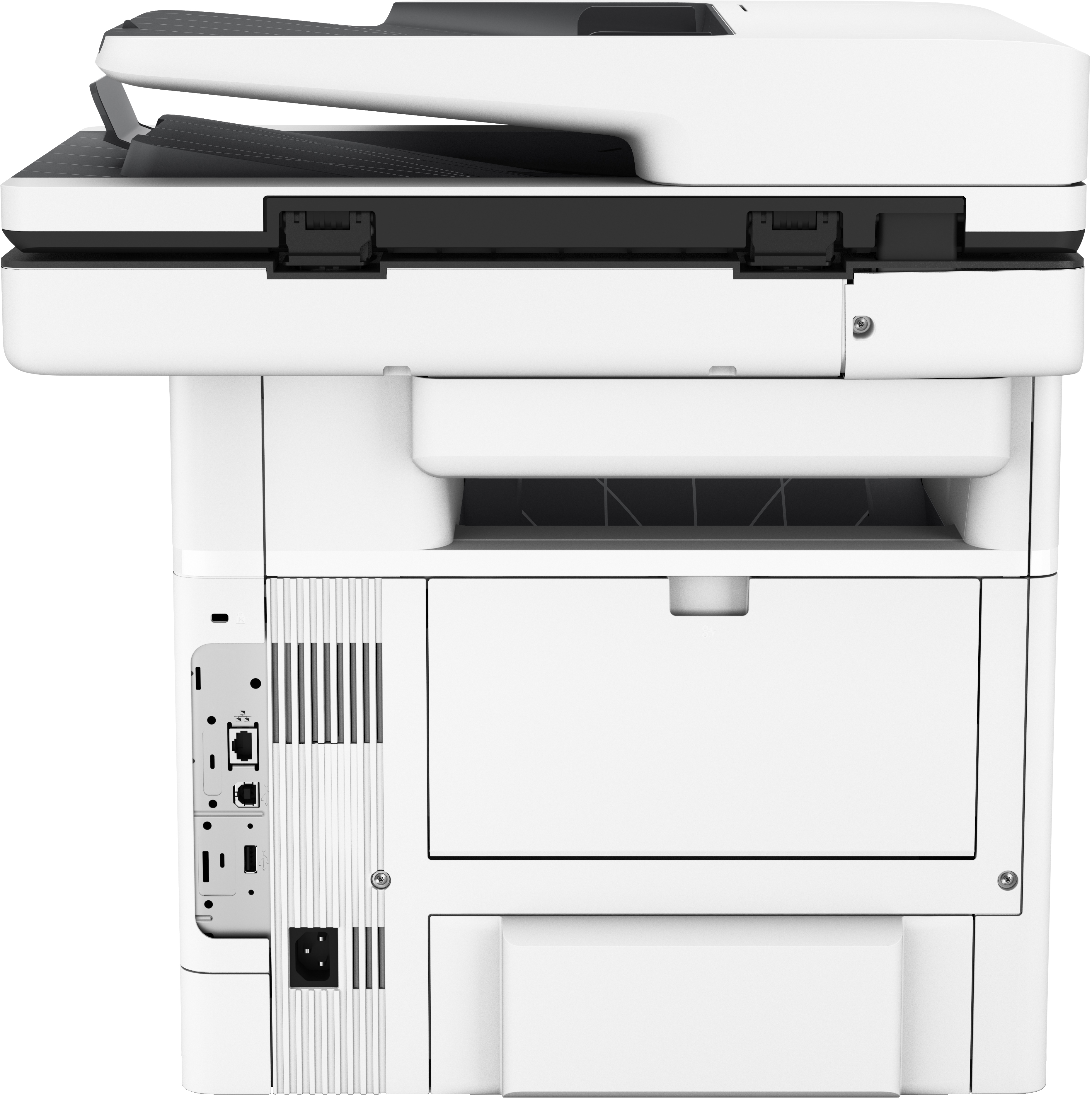 Ein weißer Drucker mit schwarzer Oberseite und Anschlüssen an der Seite.