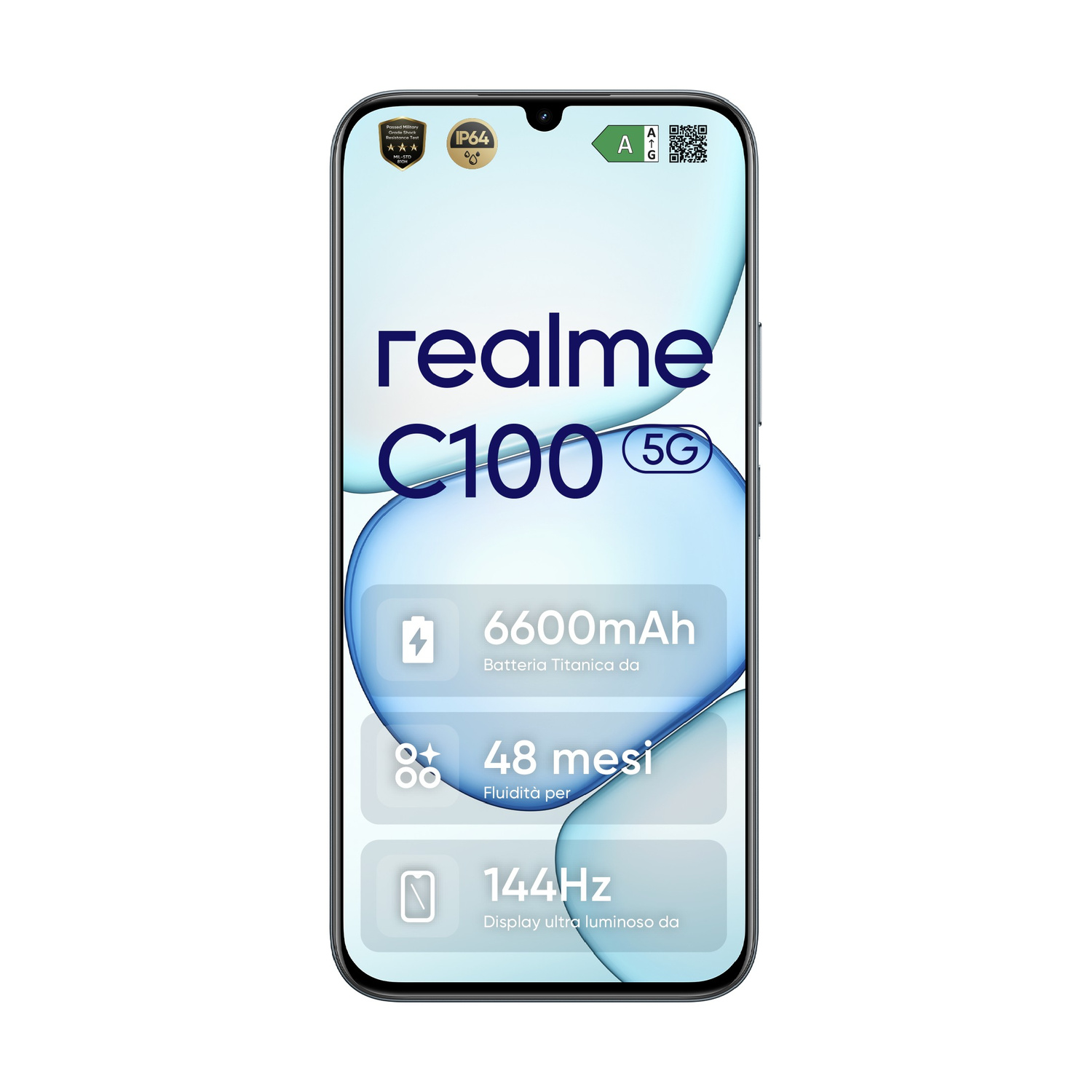 Realme C100 5G con batteria da 6600mAh, 48 mesi di fluidità, display 144Hz.