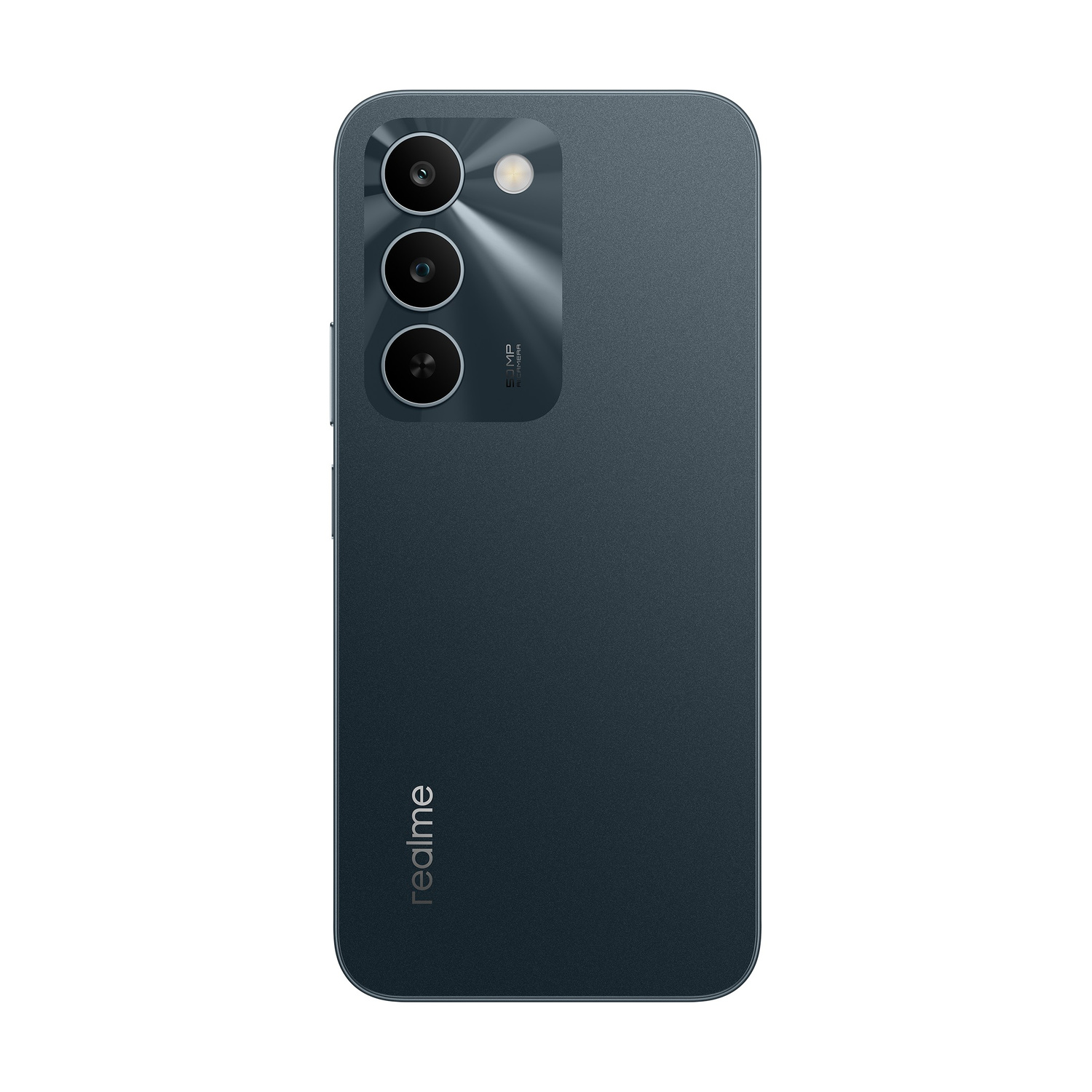 Smartphone blu scuro con tripla fotocamera e logo Realme.