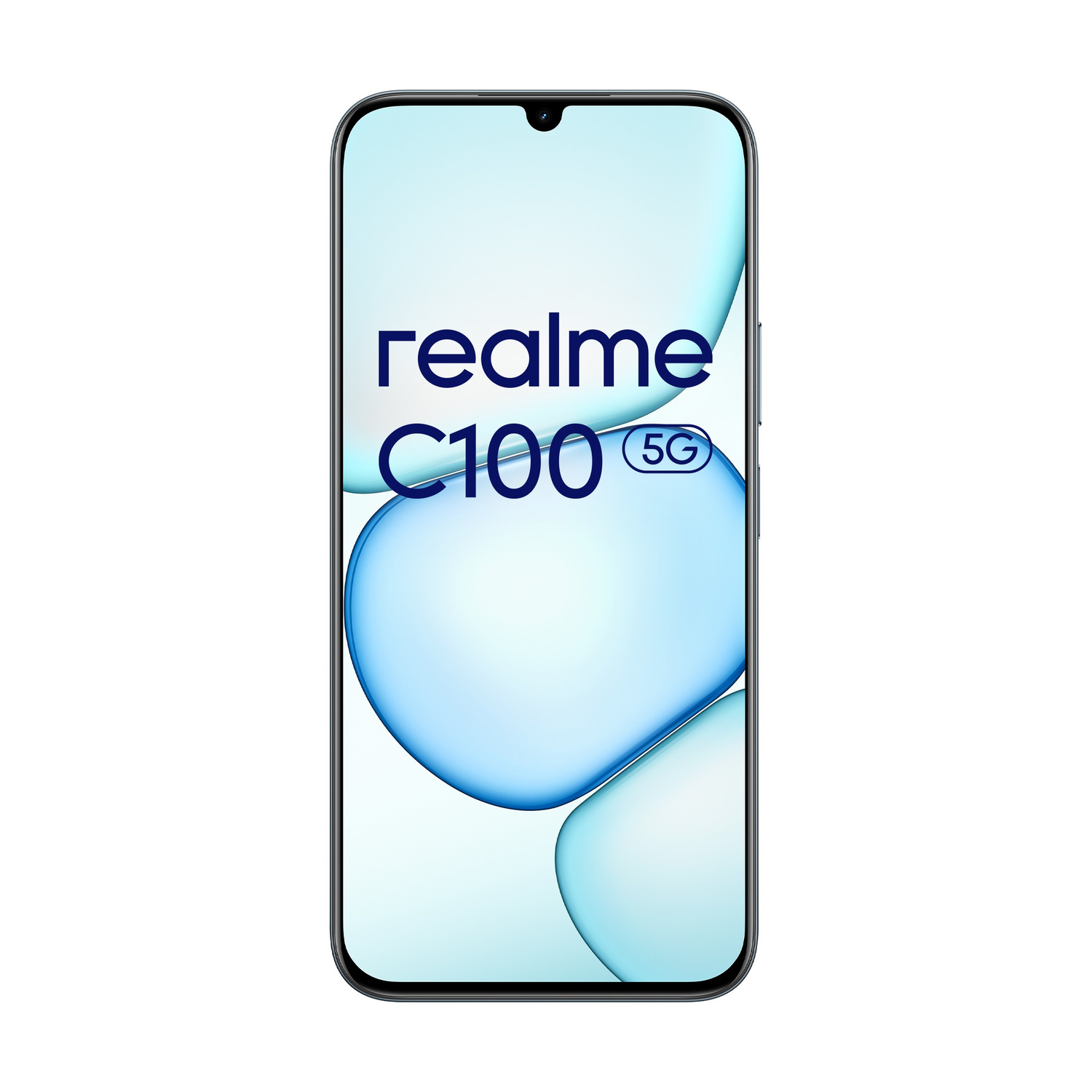Uno smartphone Realme C100 5G con sfondo blu fluido.