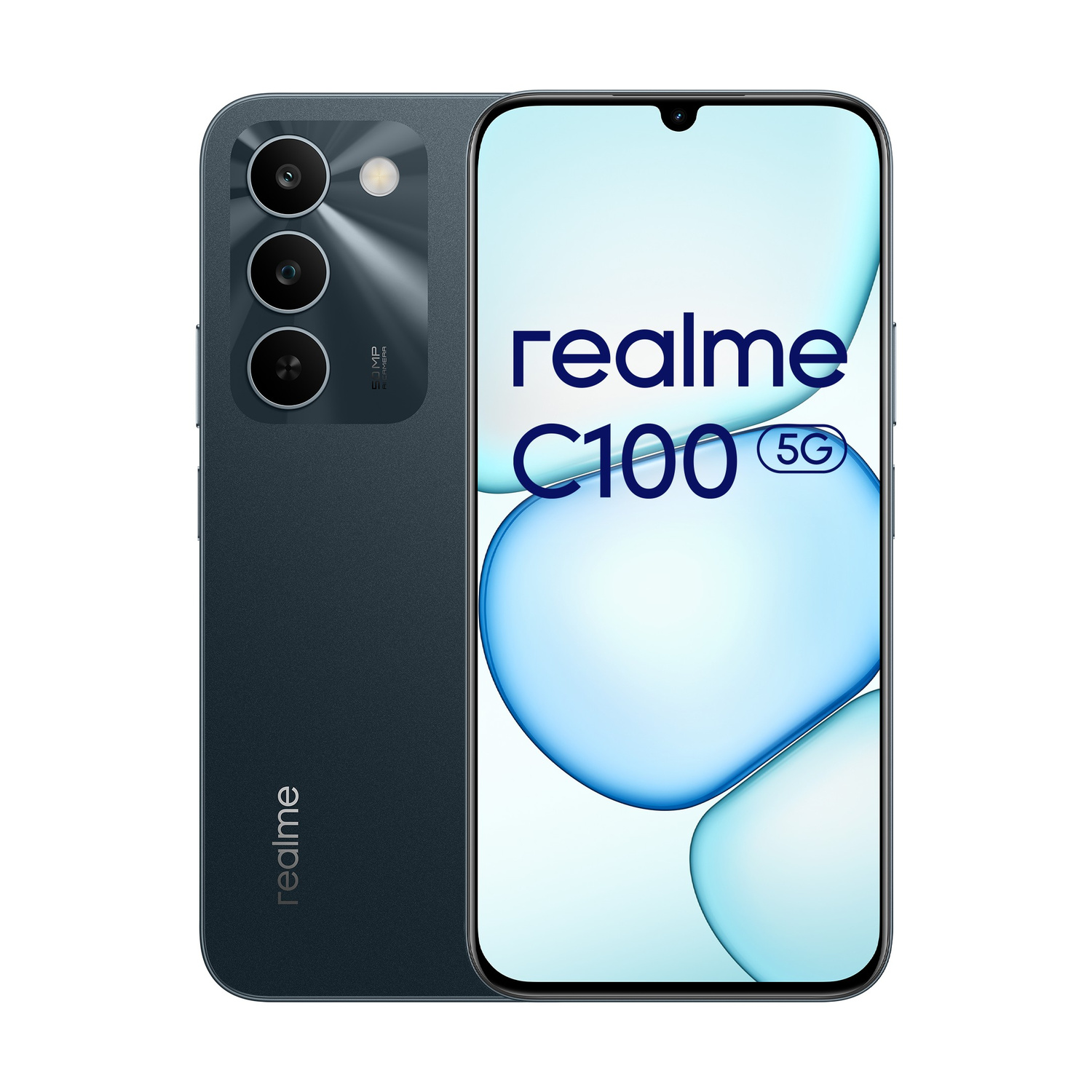 Telefono blu scuro Realme C100 5G mostrato fronte e retro. Tre fotocamere sul retro.