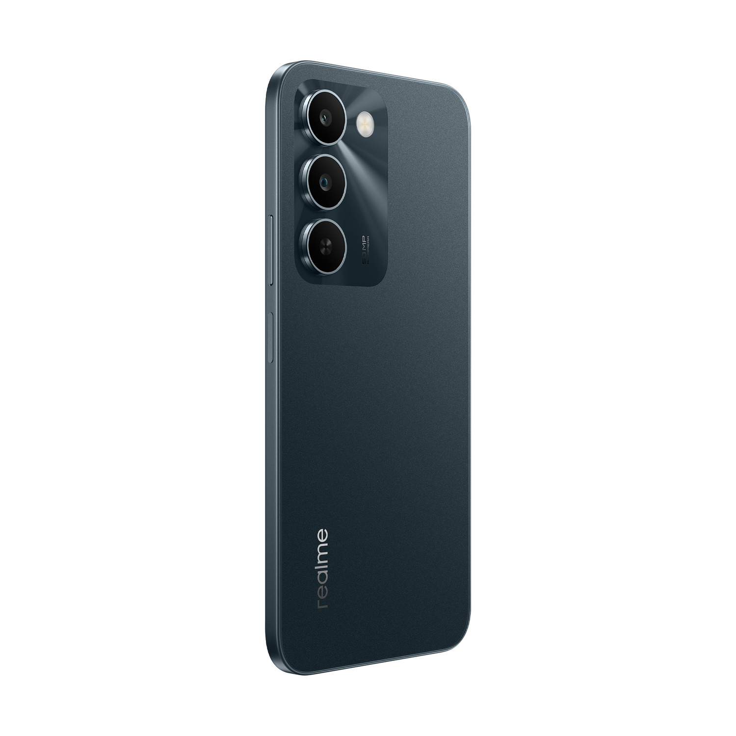 Smartphone grigio scuro con tre fotocamere sul retro.