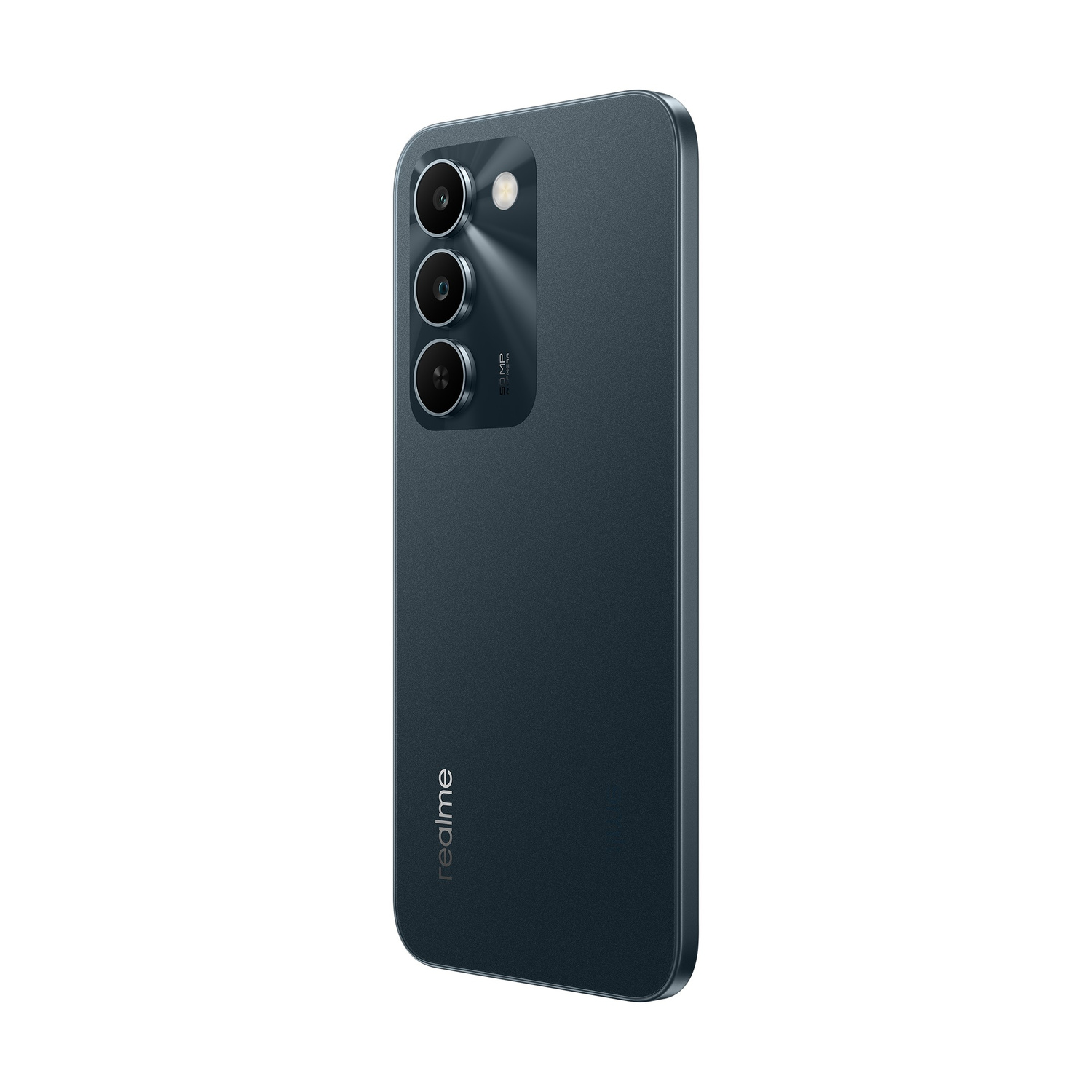 Smartphone blu scuro con tre fotocamere e flash sul retro.