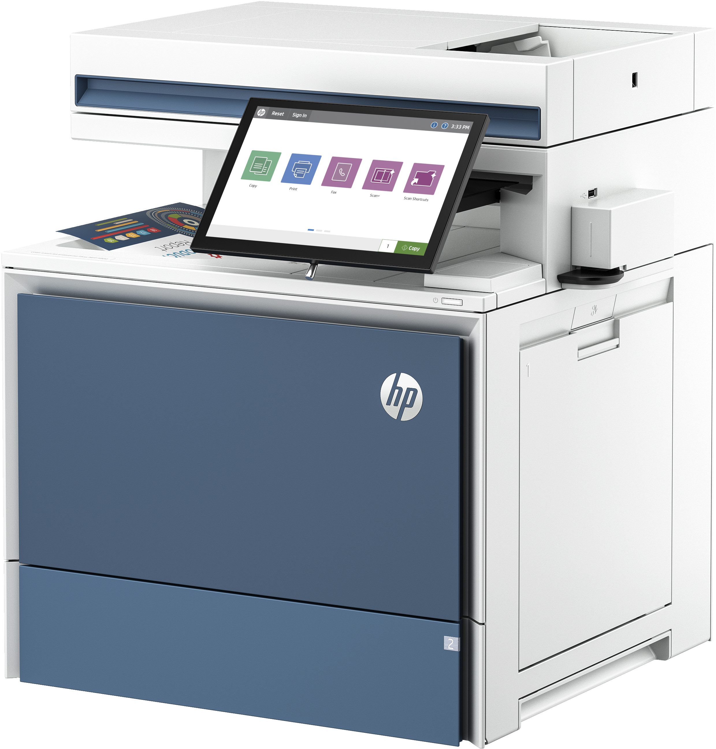 Moderner blau-weißer HP-Drucker mit Touchscreen, der Kopieroptionen anzeigt.