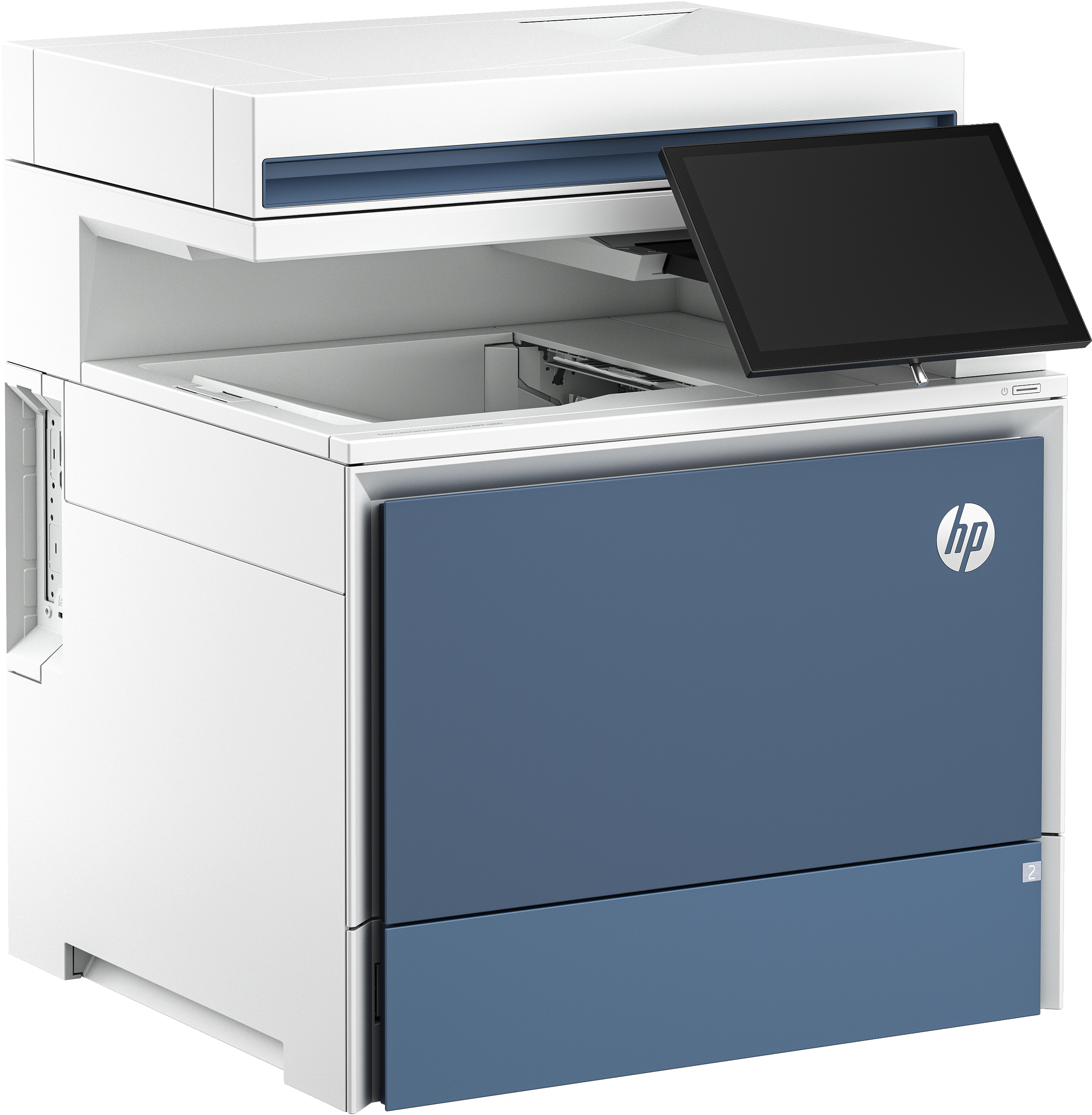 Ein weißer und blauer HP Drucker mit einem geöffneten Touchscreen und Fach.
