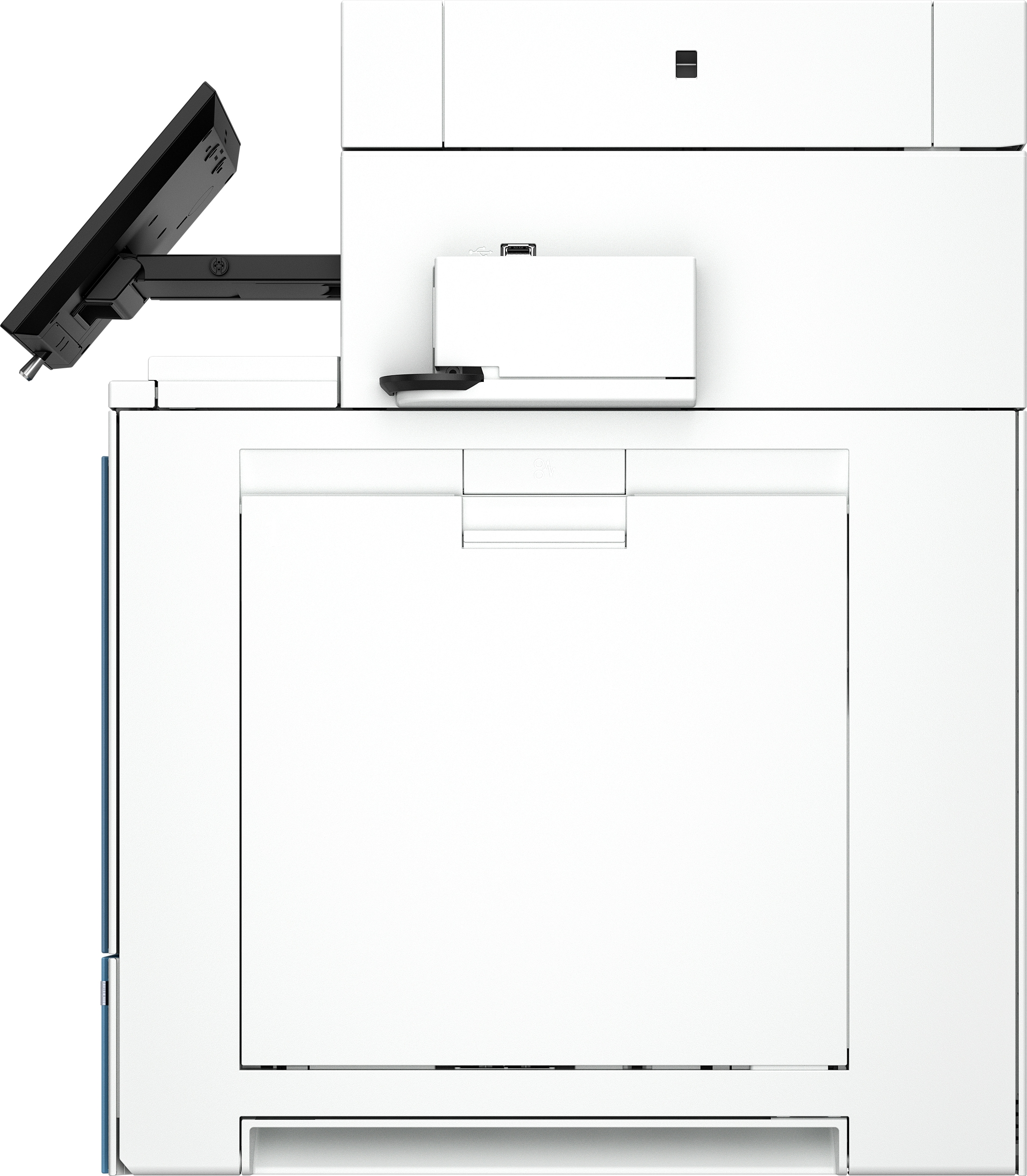 Ein weißer Drucker mit einem schwarzen Touchscreen-Display, das nach oben geneigt ist.