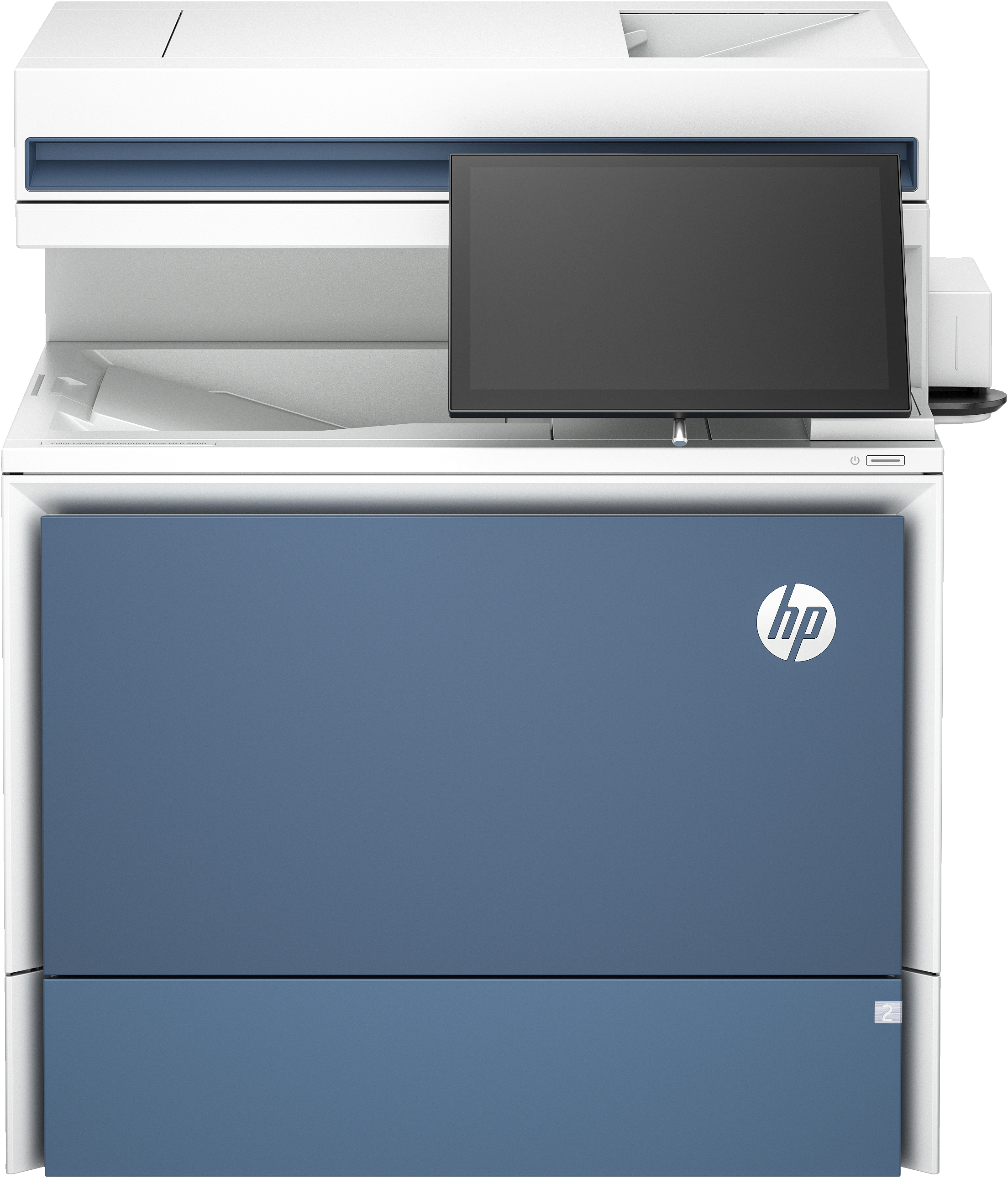 Ein weißer und blauer HP-Drucker mit einem Touchscreen-Display.