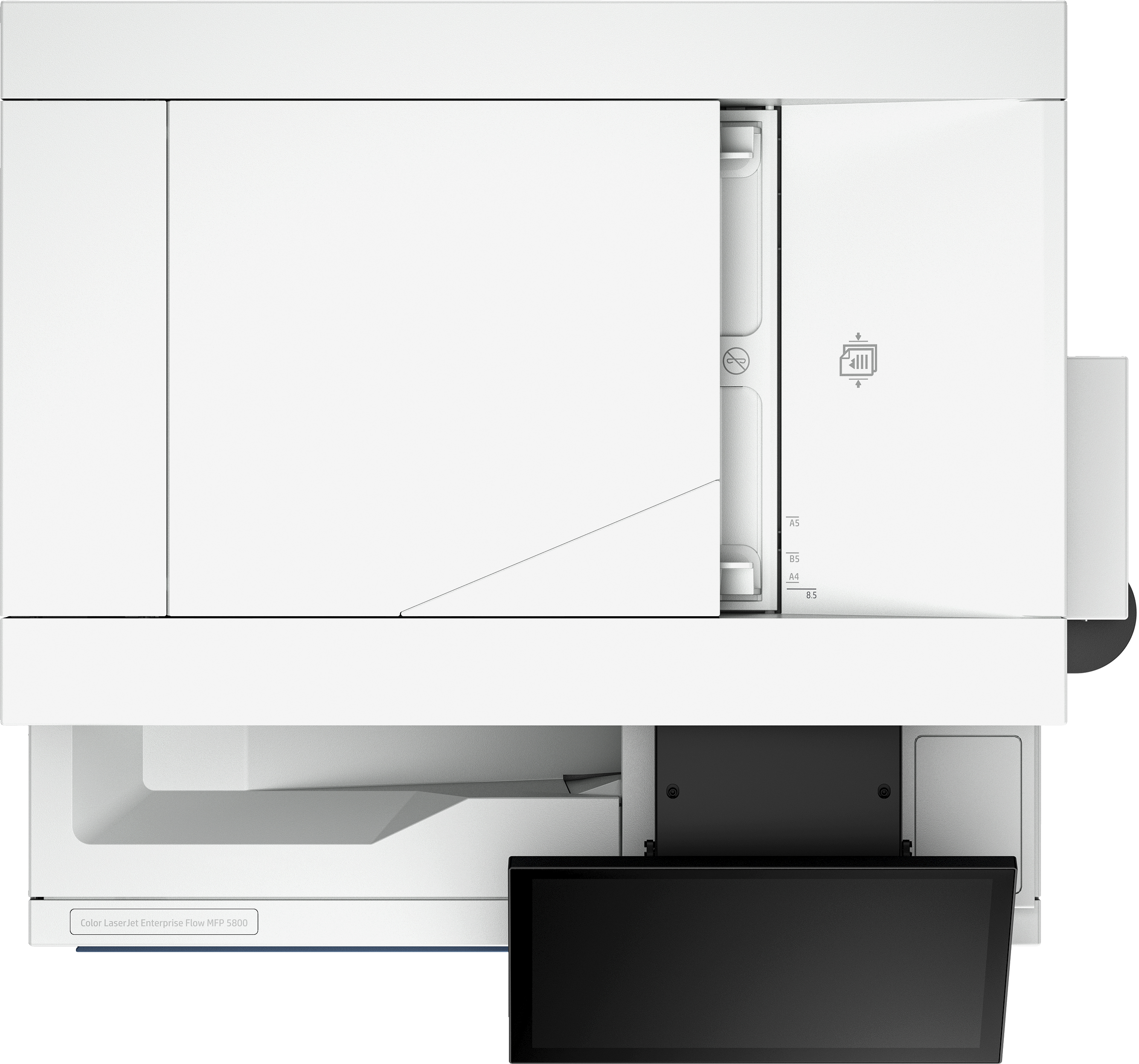 Ein weißer Laserdrucker mit einem Touchscreen-Display und einer Papierablage.
