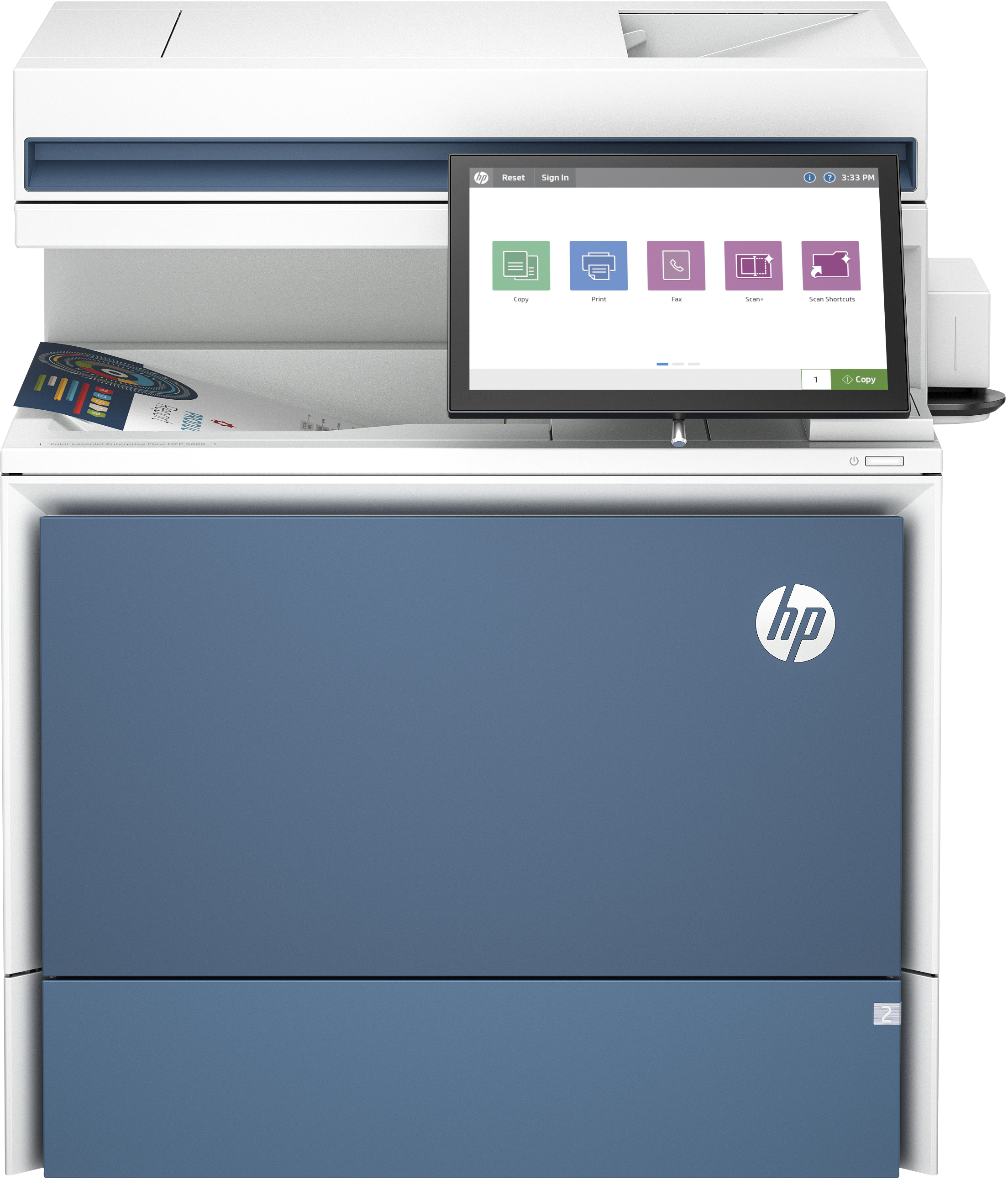 Ein weißer und blauer HP Laserdrucker mit Touchscreen.