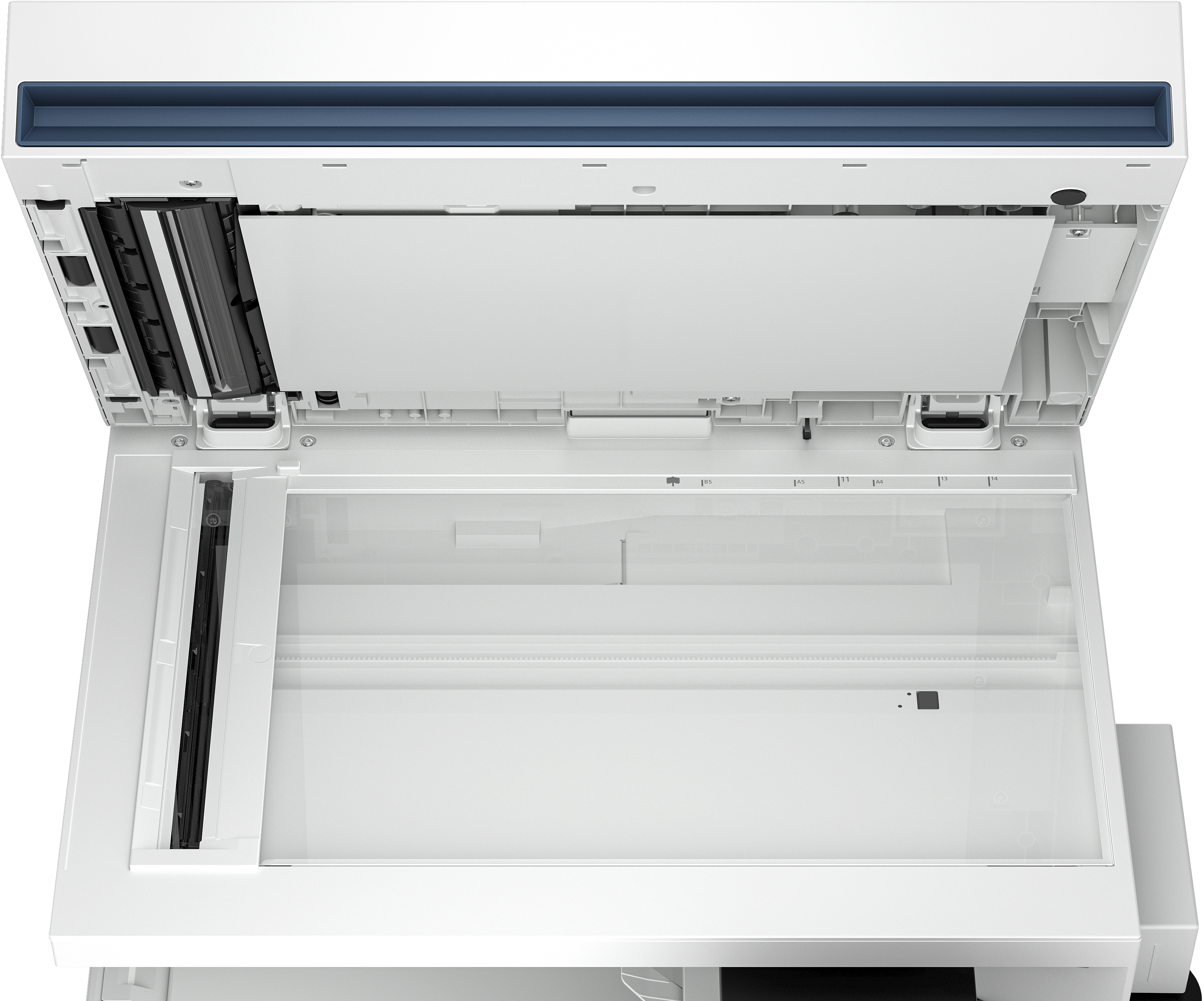 Offener weißer Drucker mit blauem Streifen oben. Scanner- und Druckmechanismus sichtbar.