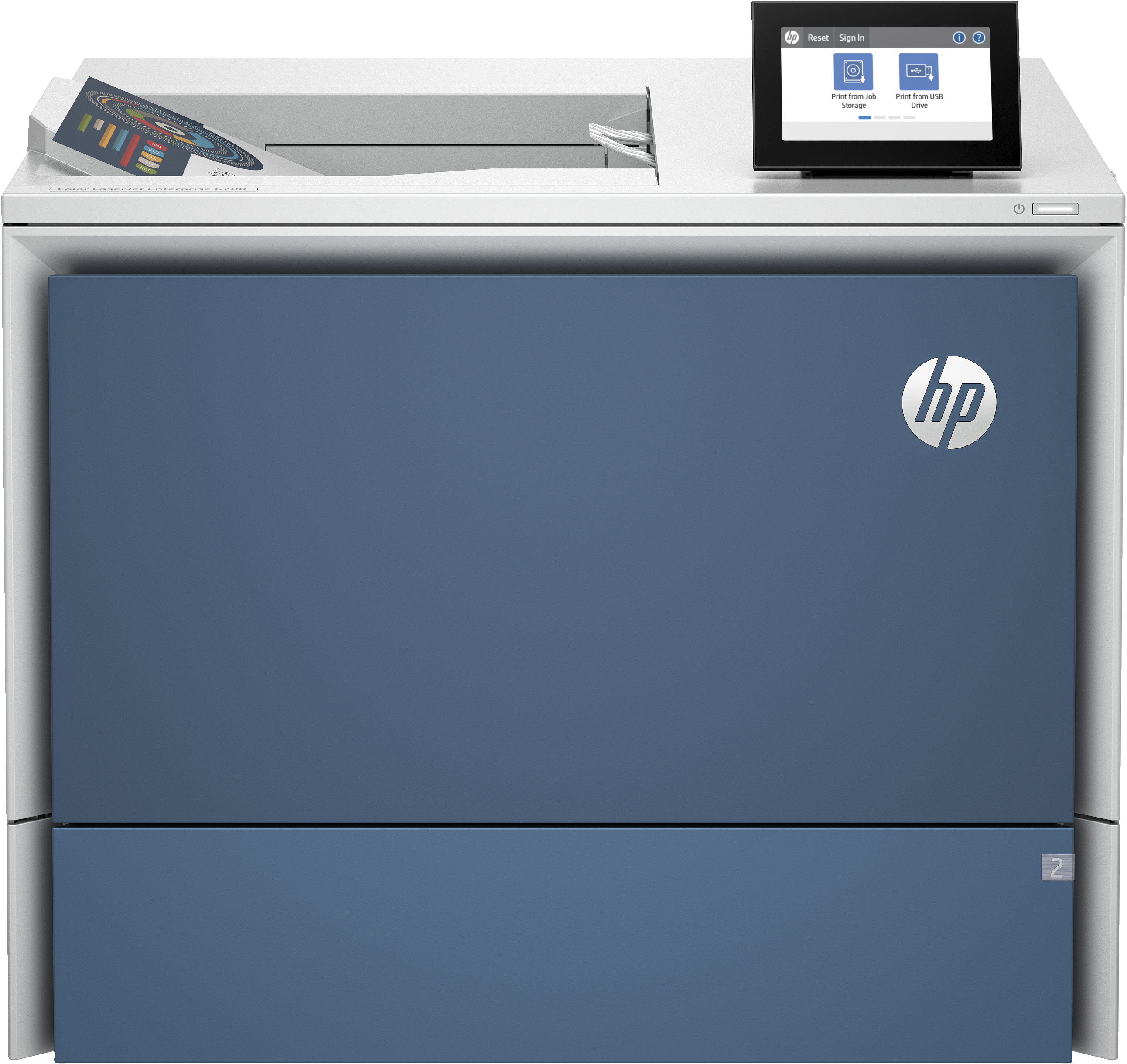 Ein blauer HP Laserdrucker mit Touchscreen und einem aufgedruckten Diagramm.