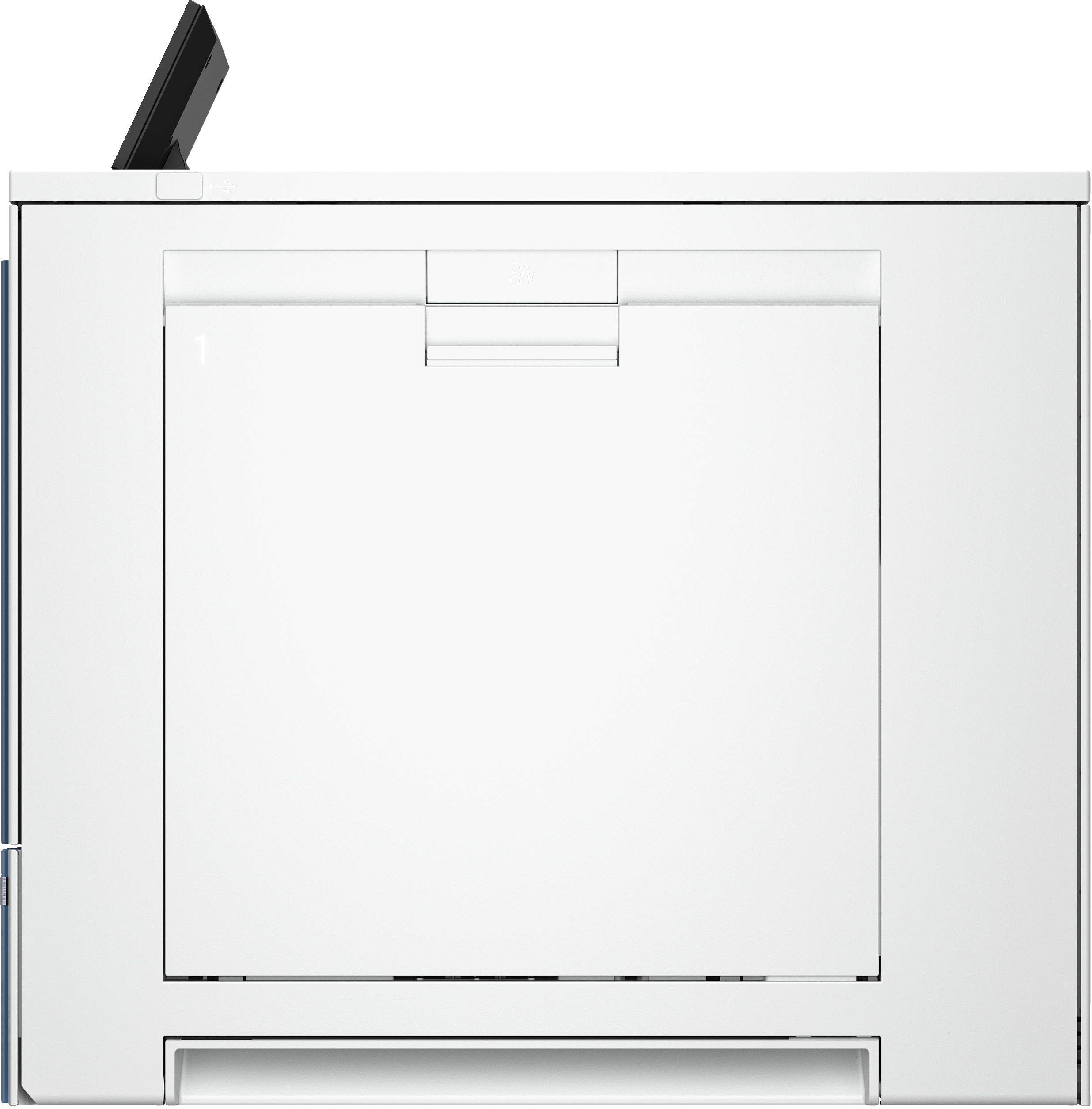Ein weißer Drucker mit einem aufgestellten schwarzen Bedienfeld und einem USB-Anschluss.