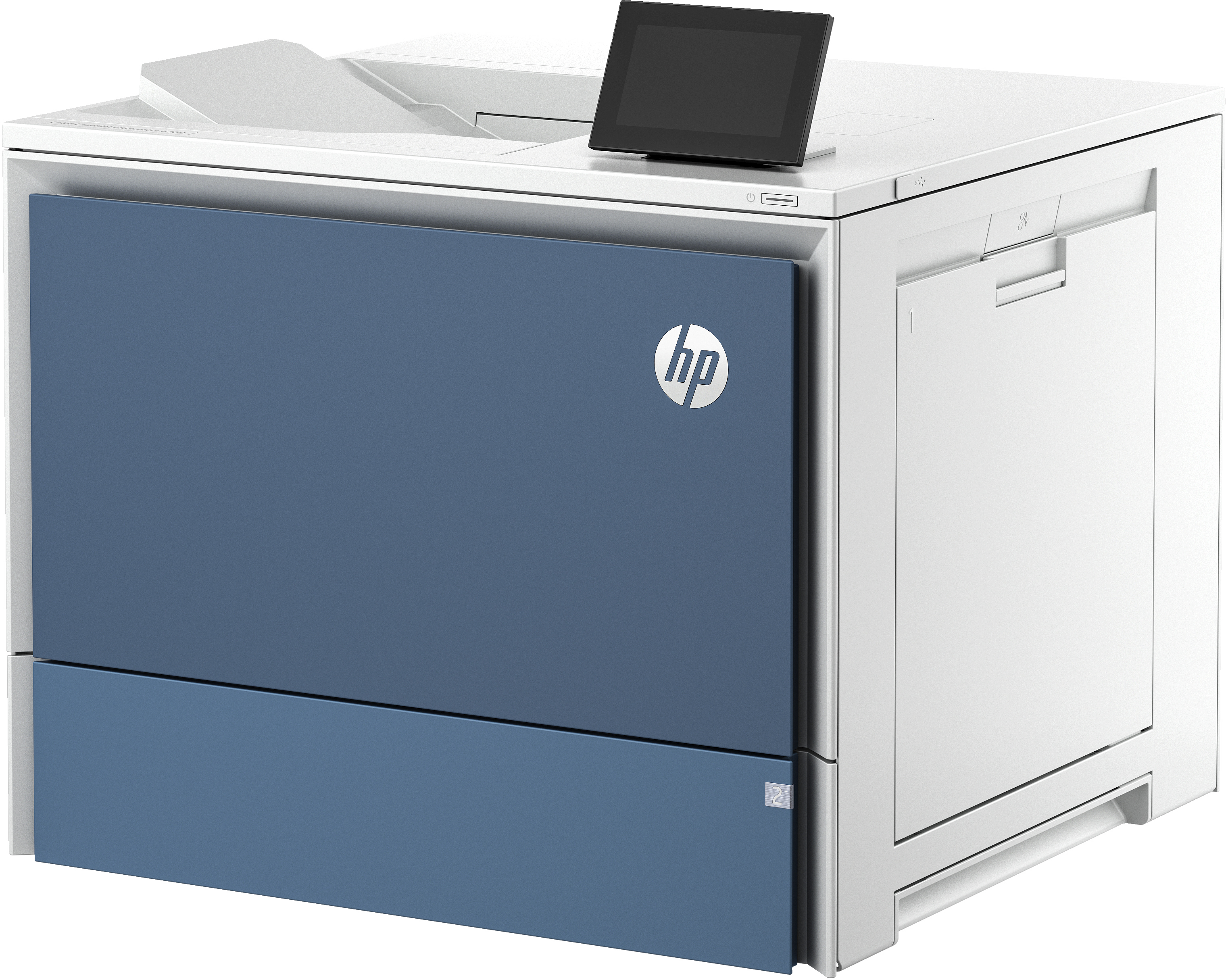 Ein blauer und weißer Drucker mit einem Touchscreen-Display und einem HP-Logo.