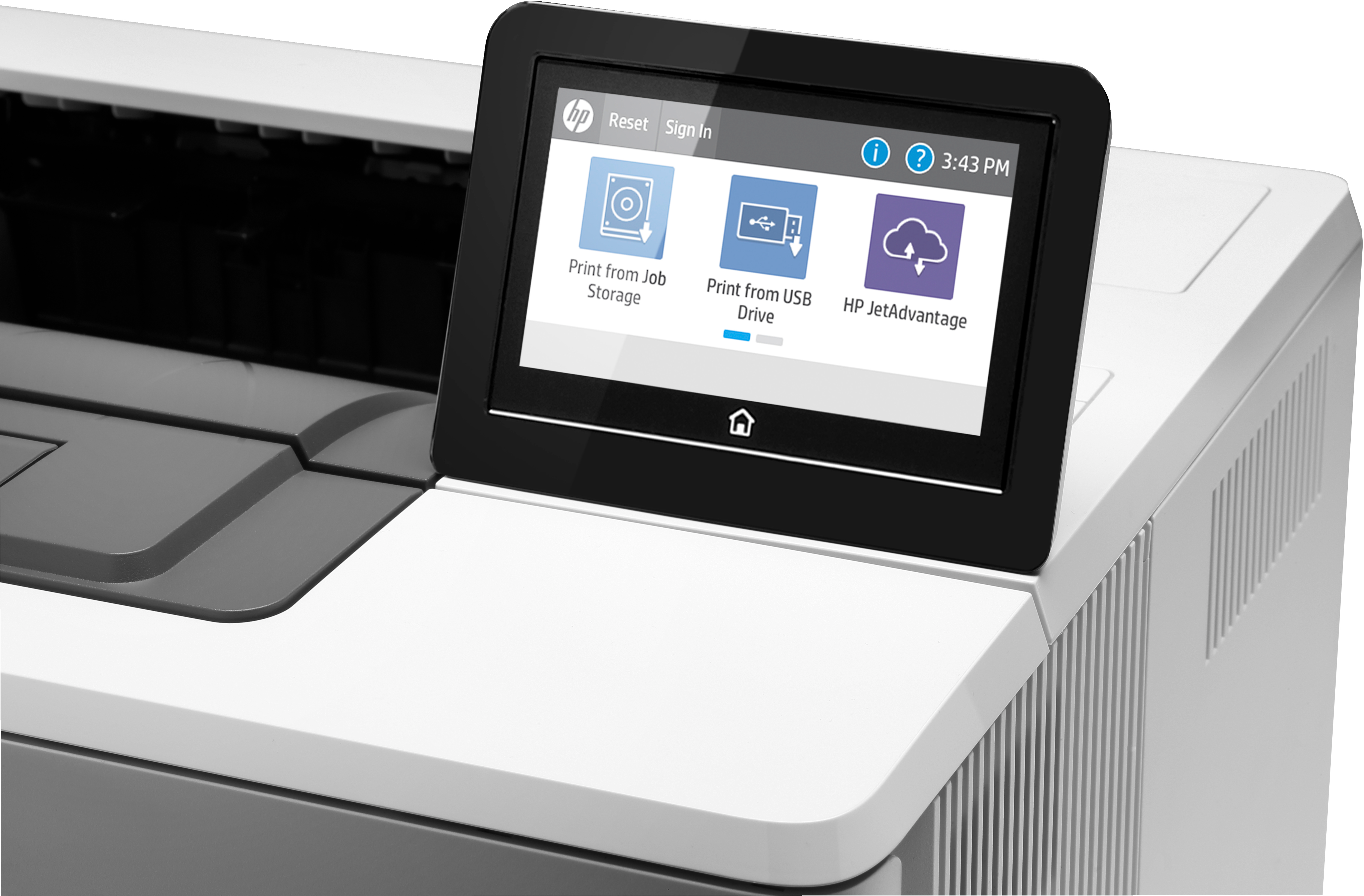 Ein Druckerdisplay zeigt Optionen: Drucken vom Speicher, USB oder HP JetAdvantage.