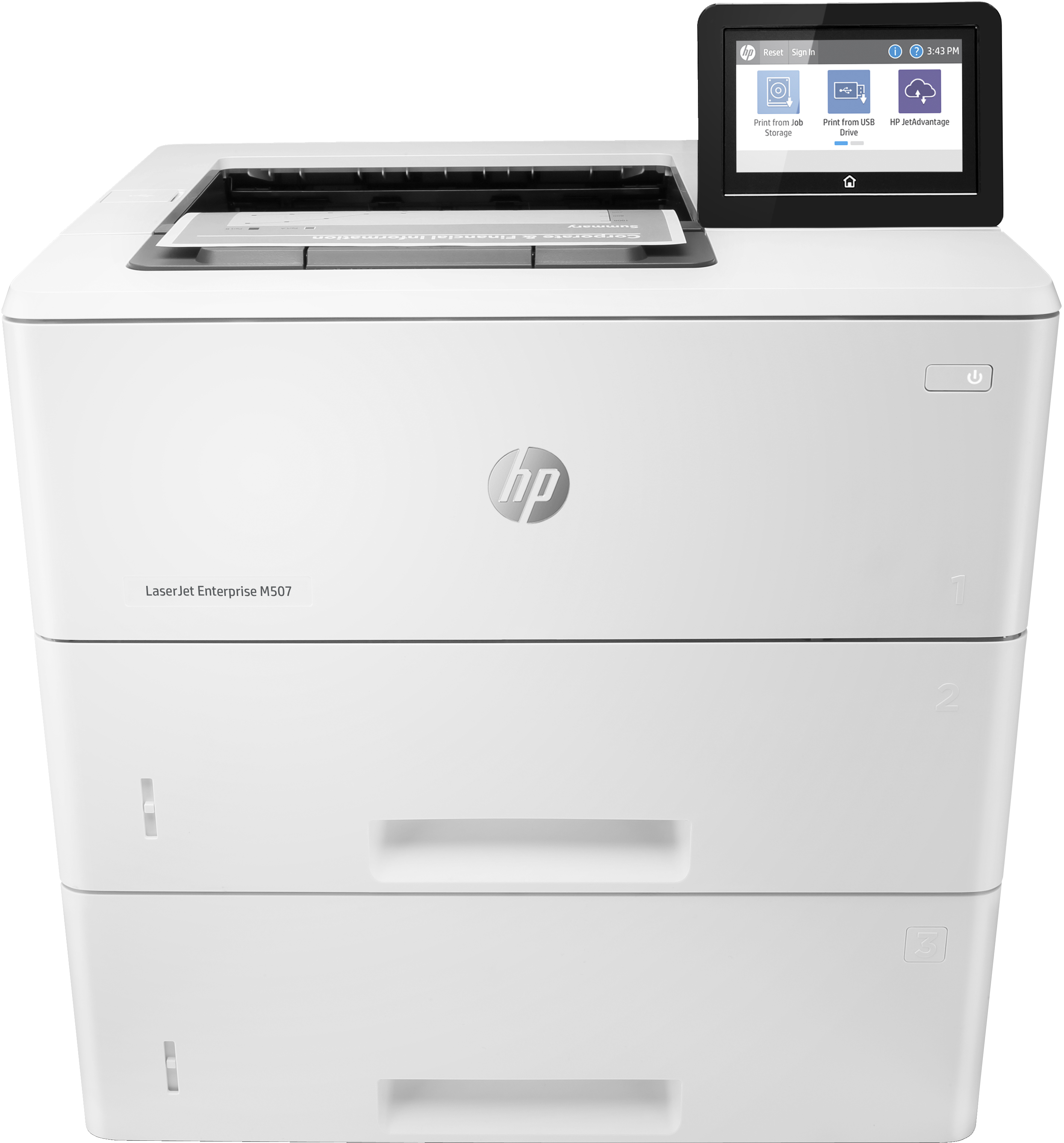 Weier HP LaserJet Enterprise M507 Drucker mit Touchscreen, der Druckoptionen anzeigt.