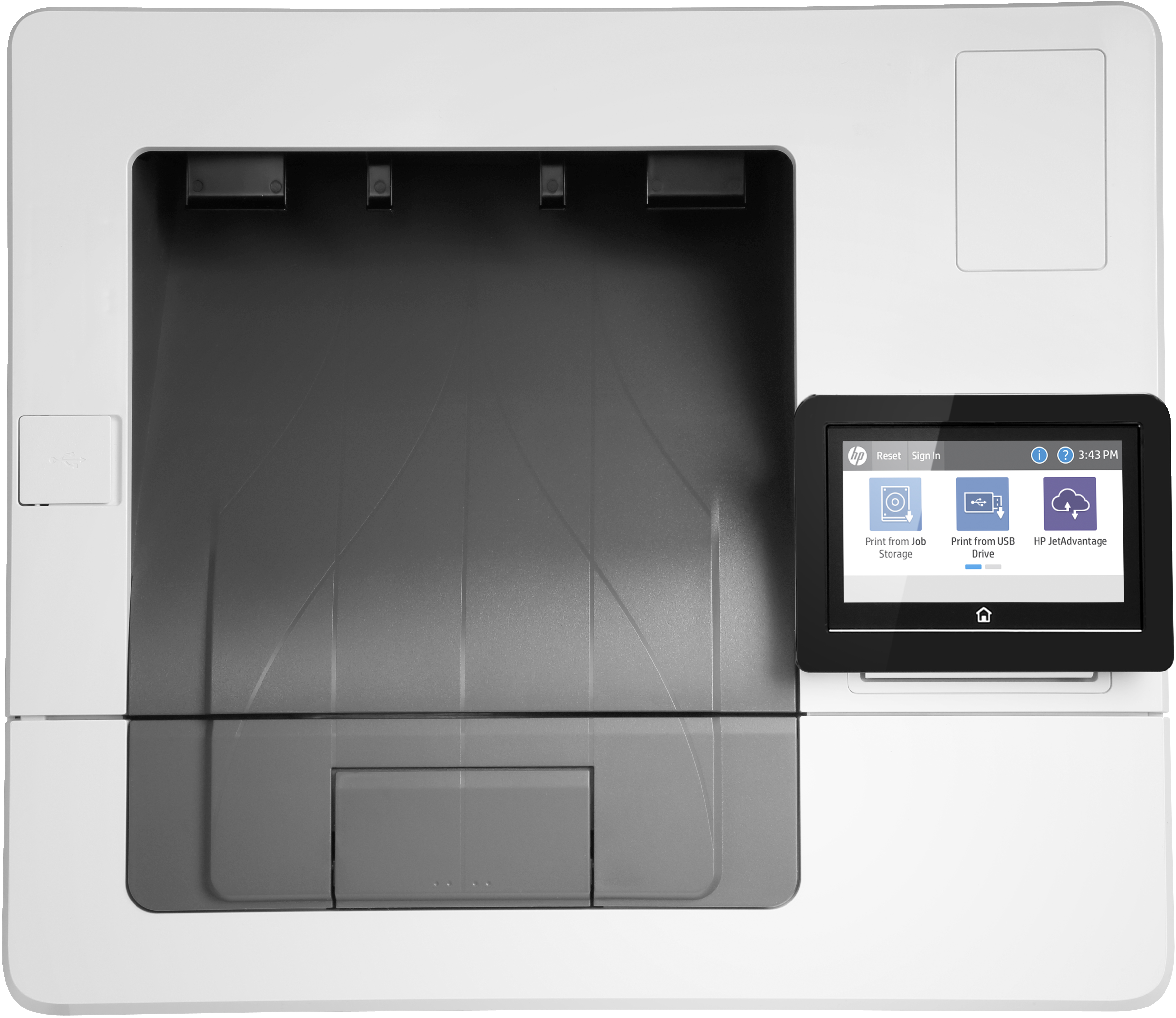 Ein weißer Drucker mit Touchscreen, der Optionen zum Drucken anzeigt.