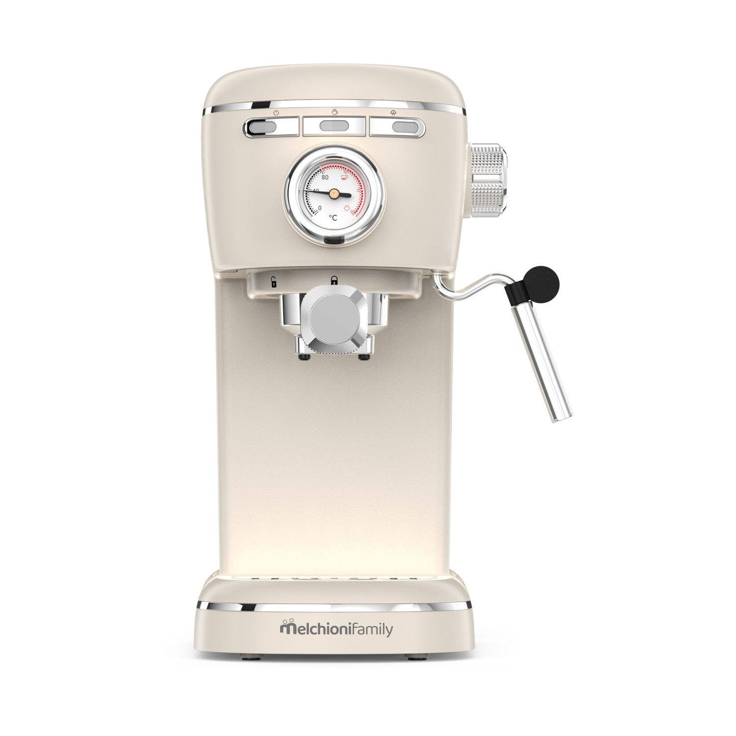 Una macchina per caffè espresso color crema con indicatore argentato e finiture cromate, su sfondo bianco.