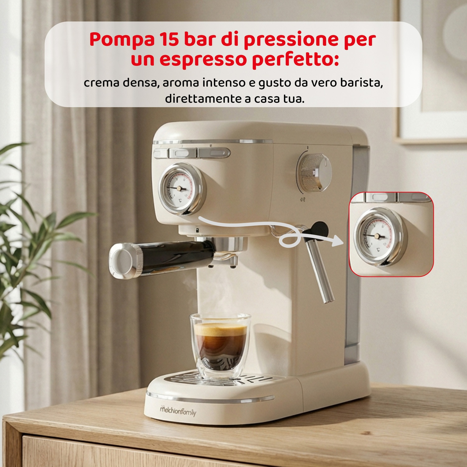 Una macchina per espresso color crema con un bicchiere di espresso e un manometro.