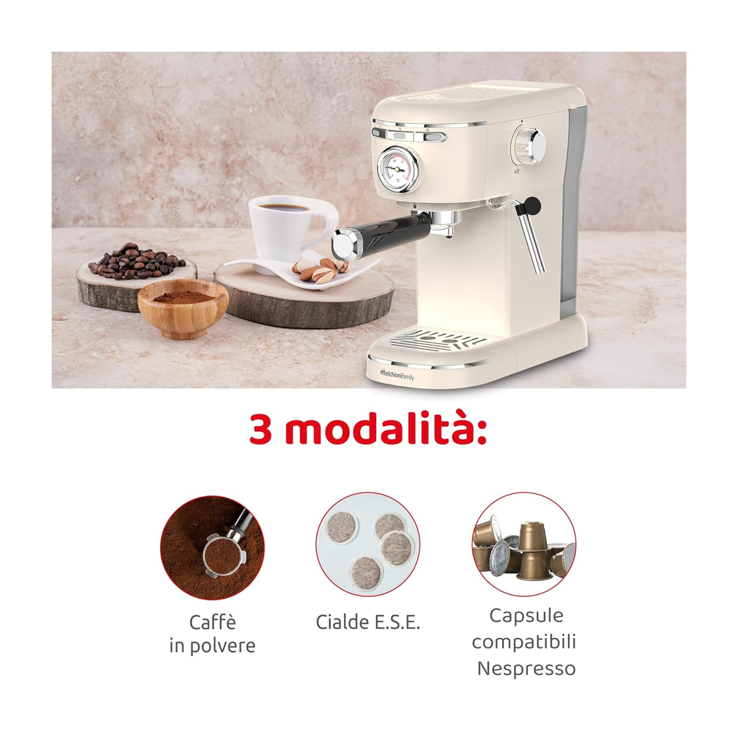 Macchina per caffè espresso color crema con chicchi di caffè, caffè macinato e cialde.