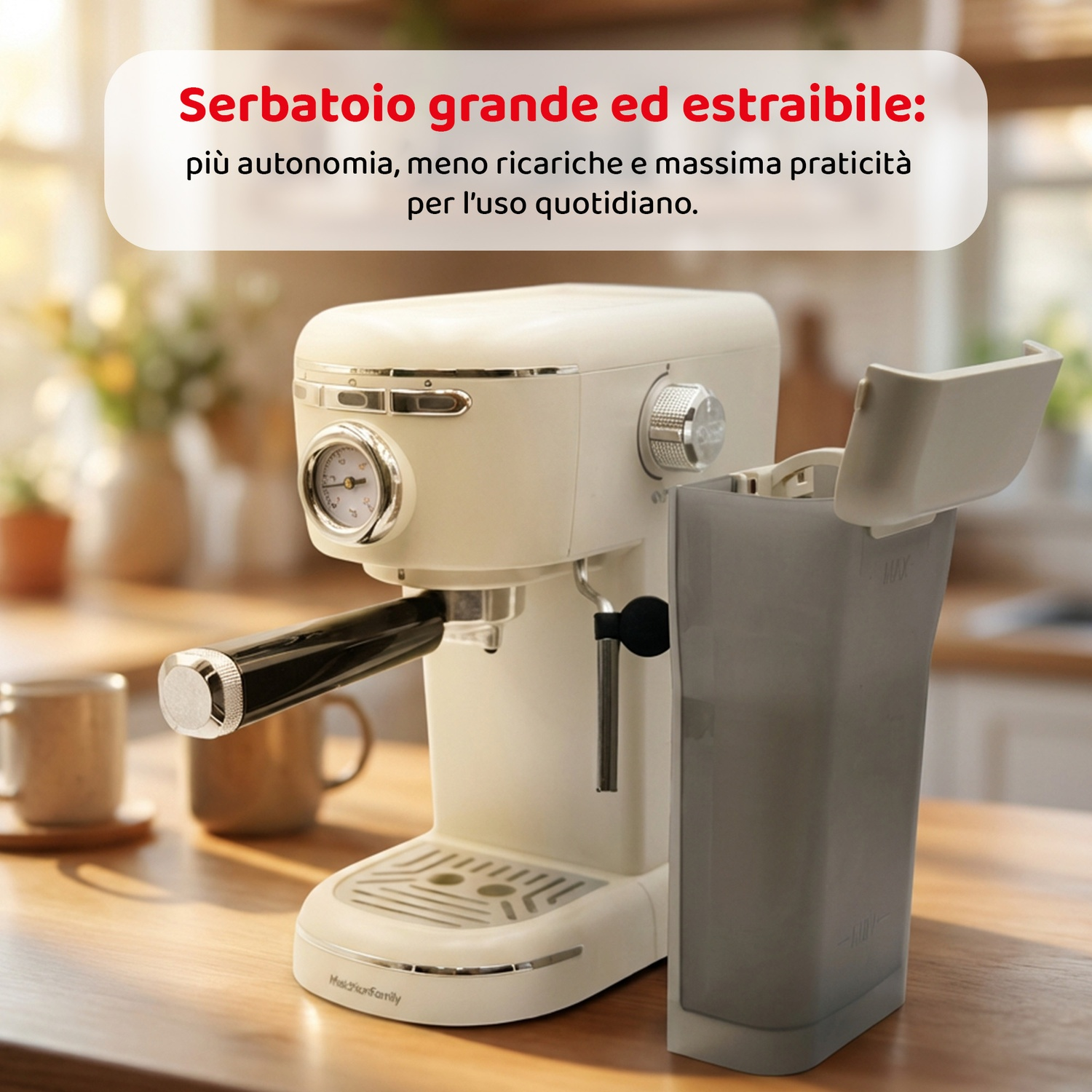 Una macchina per caffè espresso color crema con serbatoio dell'acqua rimovibile su un tavolo di legno.